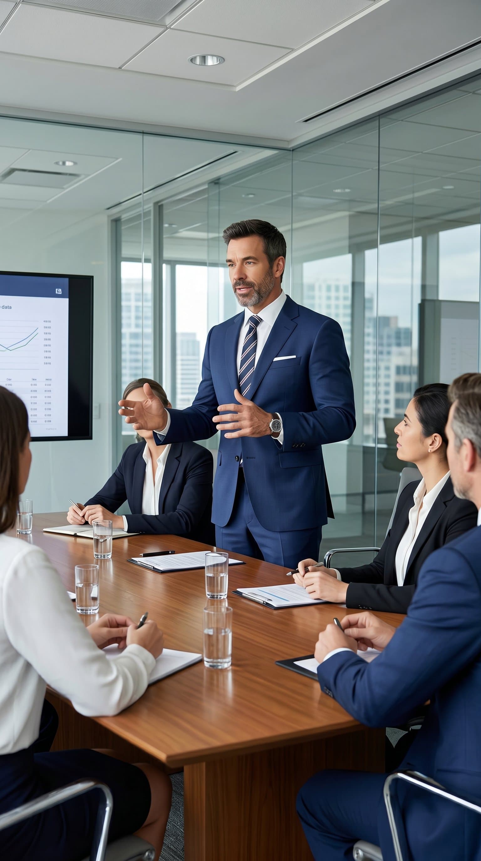 in conference room setting, business attire, leadership presence, professional atmosphere, executive man