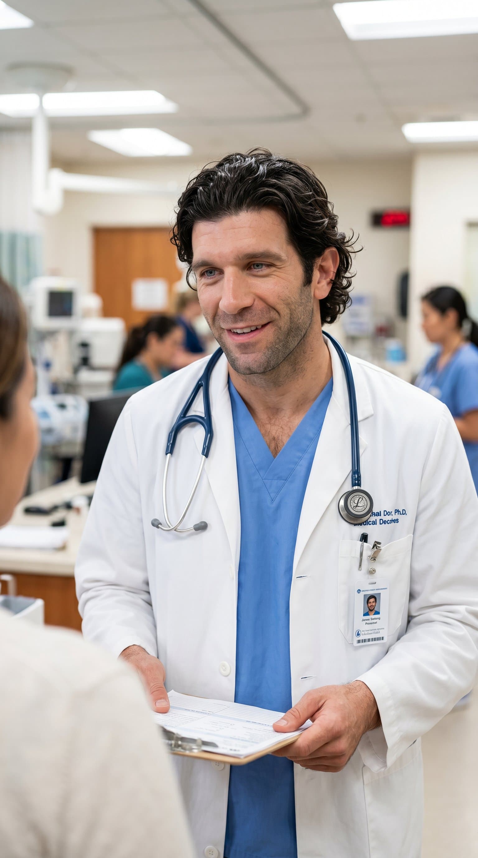 in medical coat, healthcare professional man, hospital or clinic background, caring expression