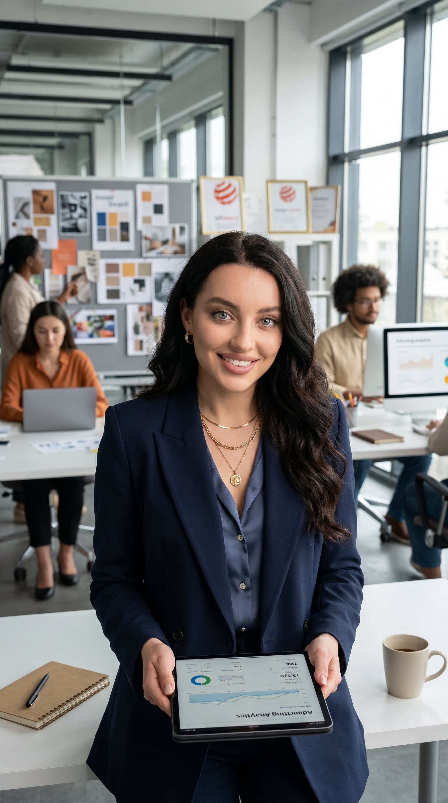 in creative agency, advertising professional woman, modern workspace, creative business attire