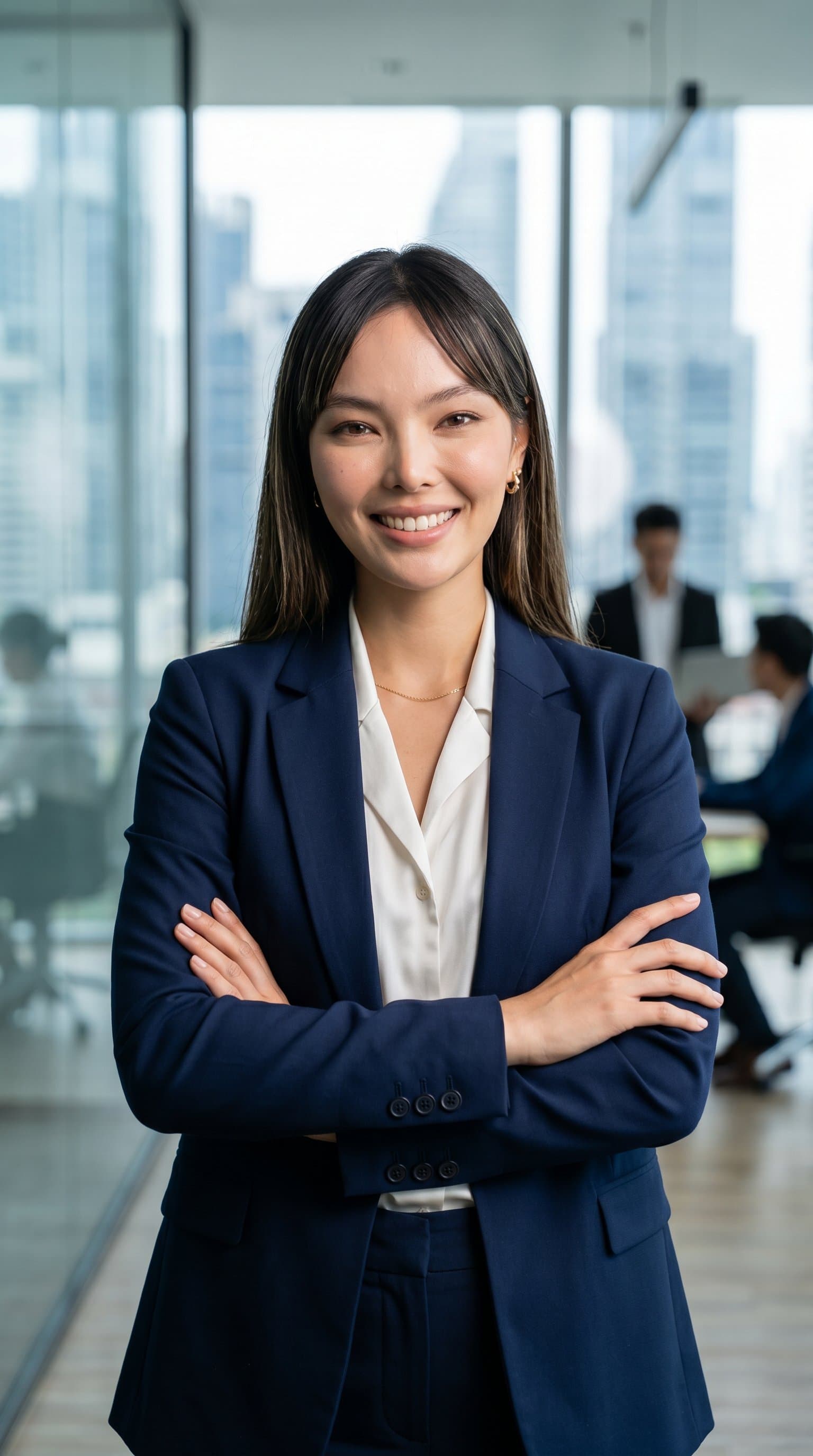 LinkedIn-style photo of professional attire, confident posture, business background, professional woman