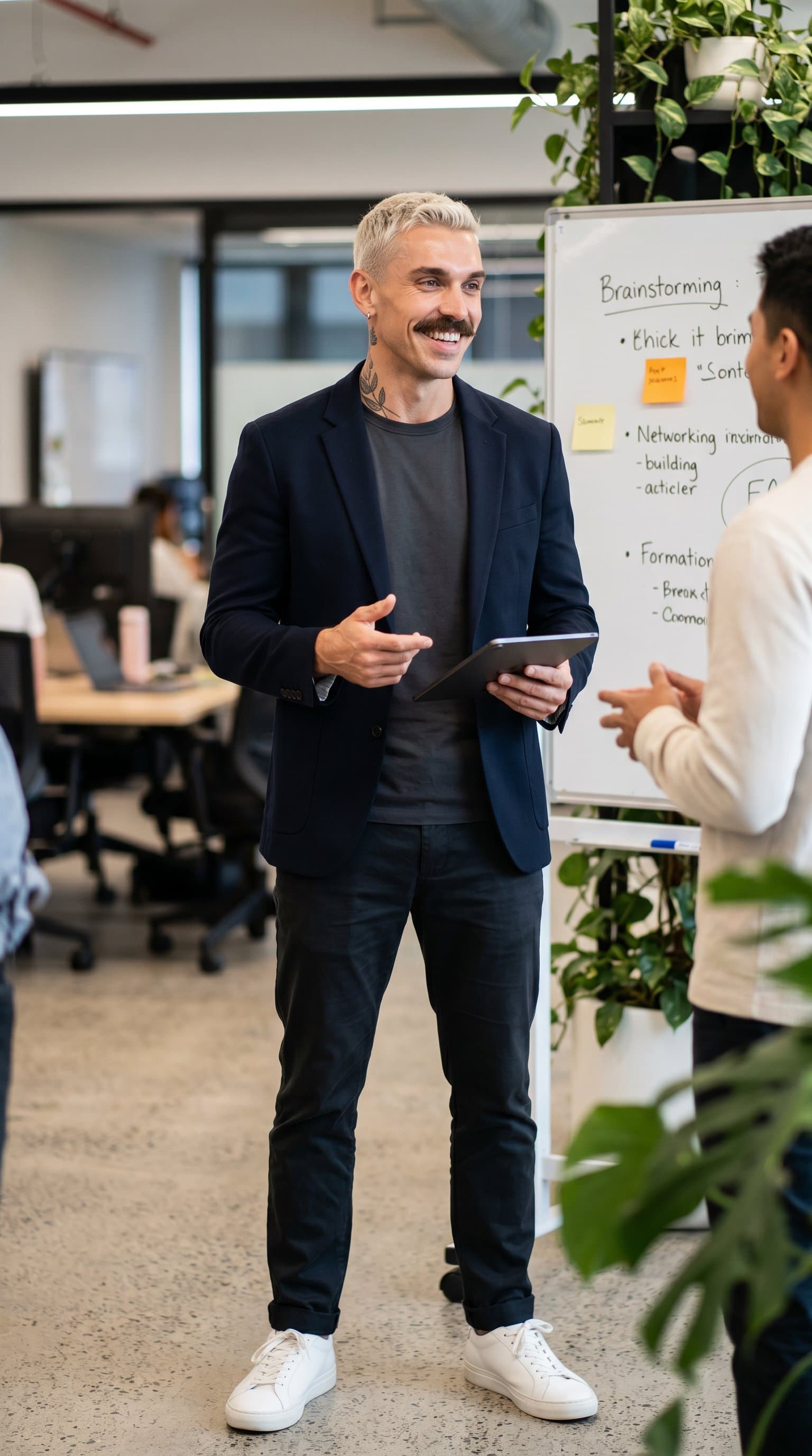 in startup environment, modern casual business look, innovative and approachable, professional man