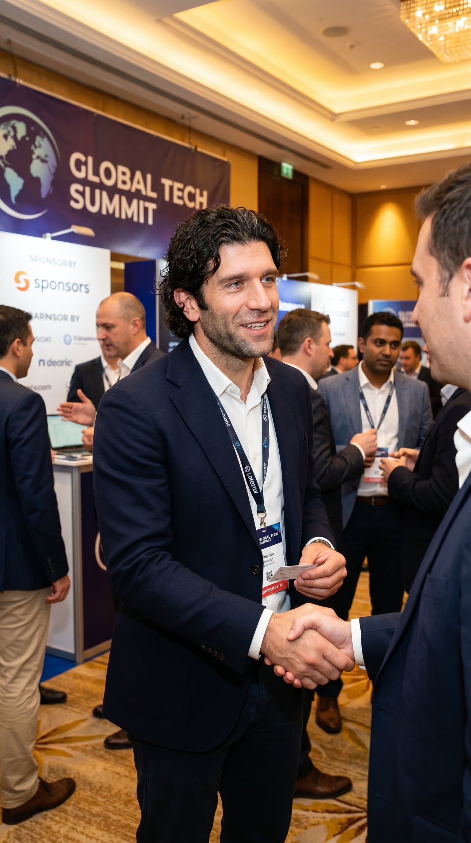 networking at business event, social professional man, handshake or conversation setting