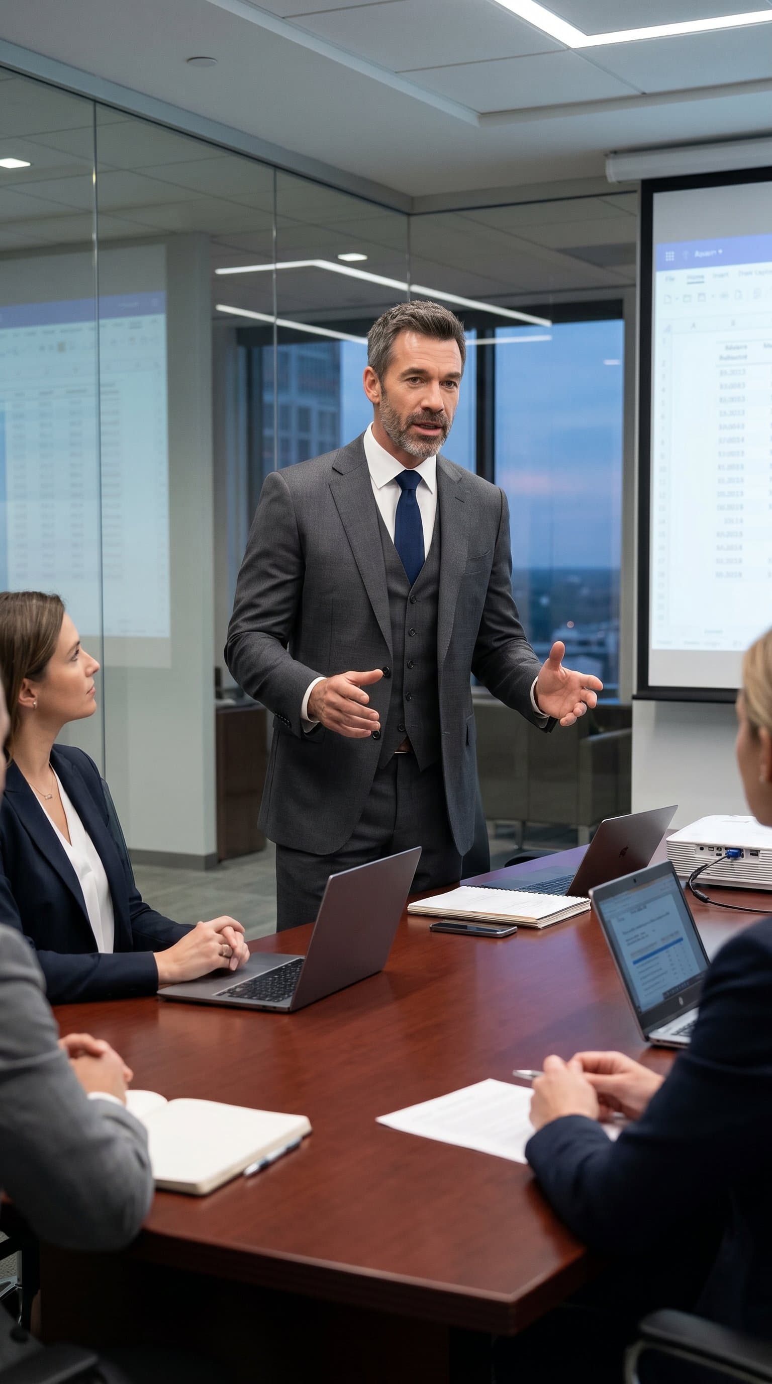 in conference room setting, business attire, leadership presence, professional atmosphere, executive man