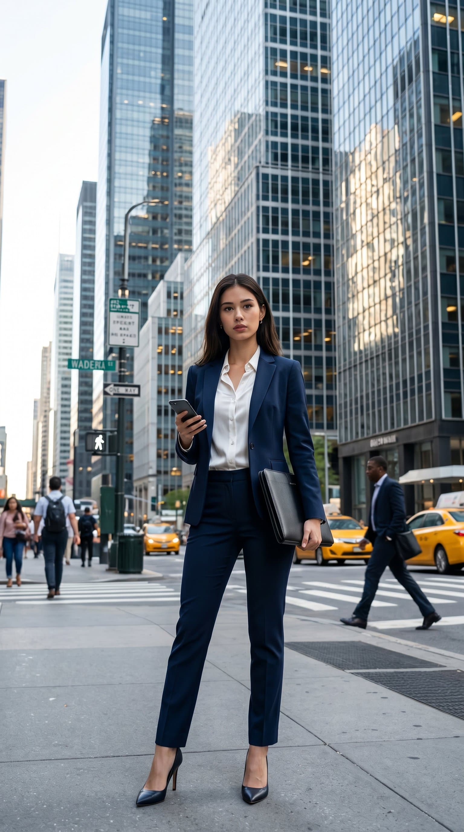 in financial district, investment professional woman, city background, sharp business attire