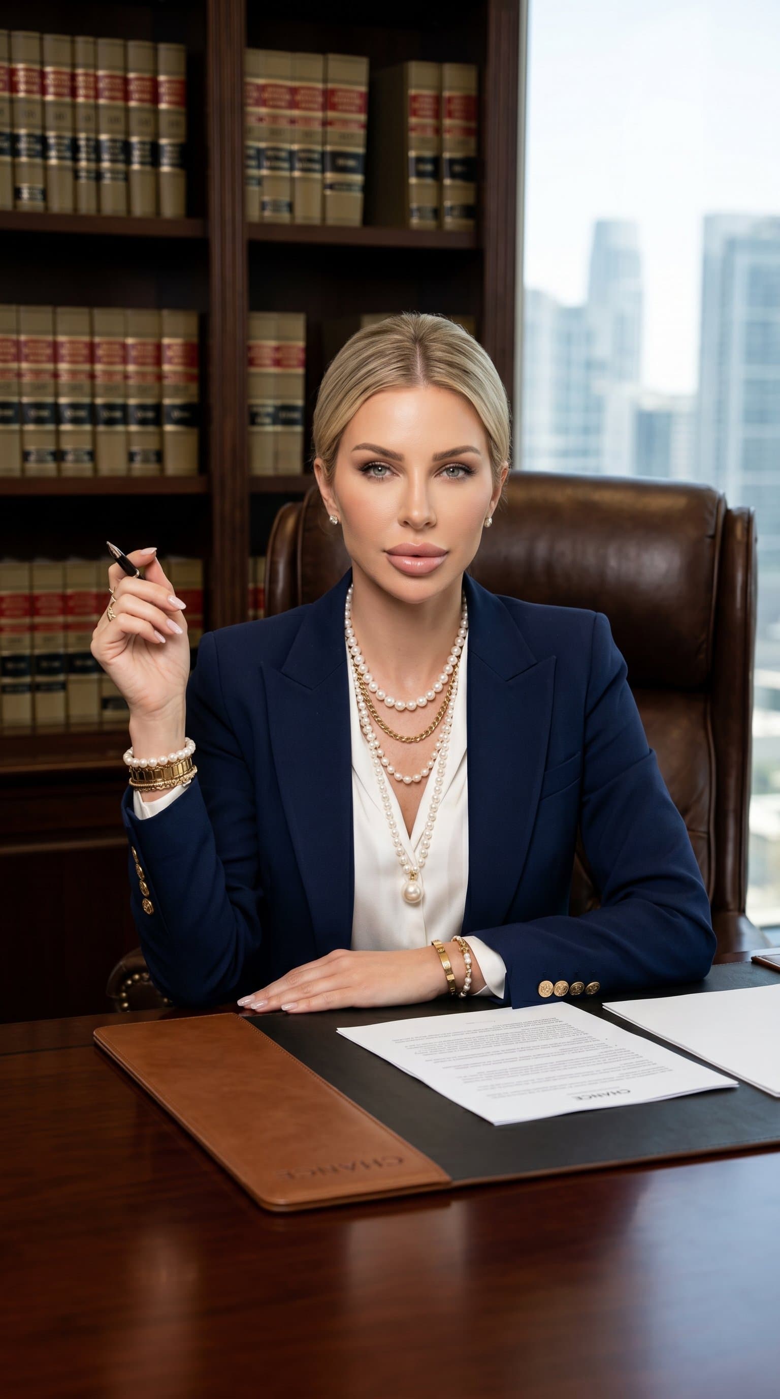 in law office setting, legal professional woman, sophisticated and trustworthy appearance
