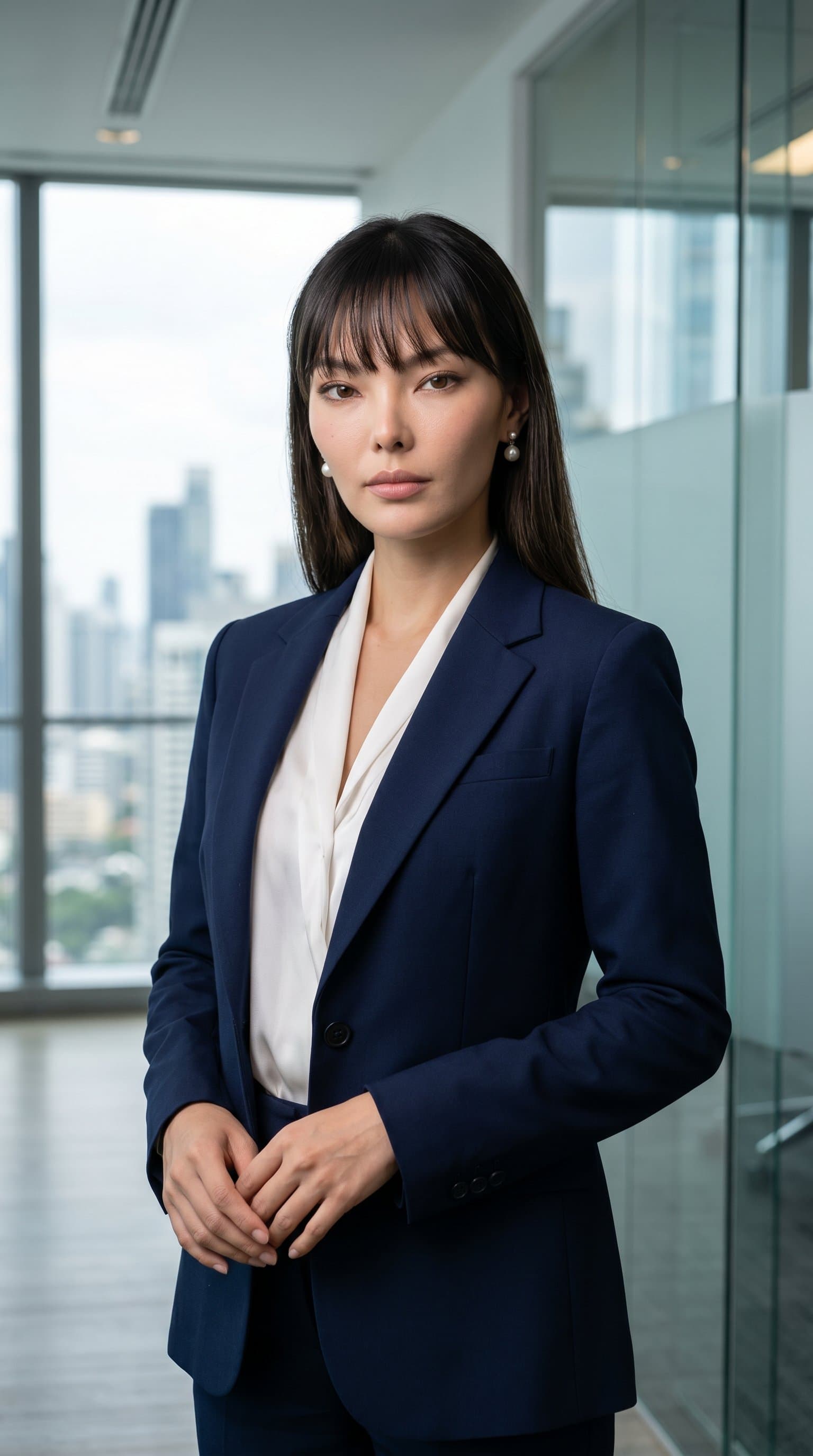 Formal business portrait of executive style, serious expression, high-end corporate look, professional woman