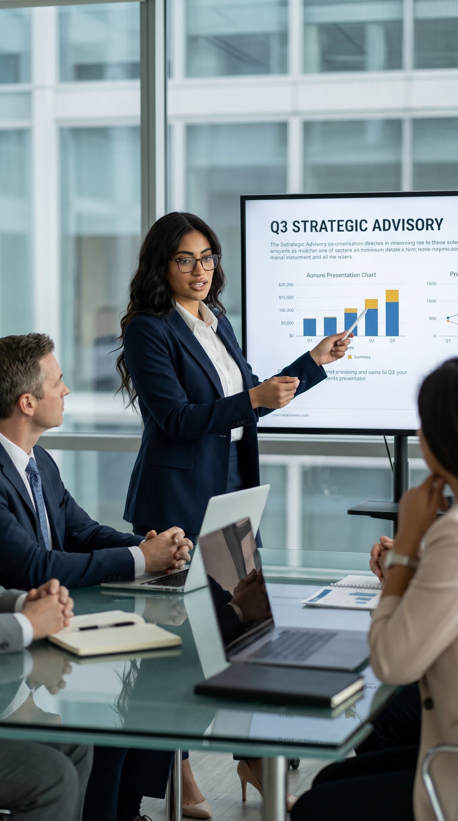 in consulting role, advisor professional woman, client meeting setting, expert demeanor