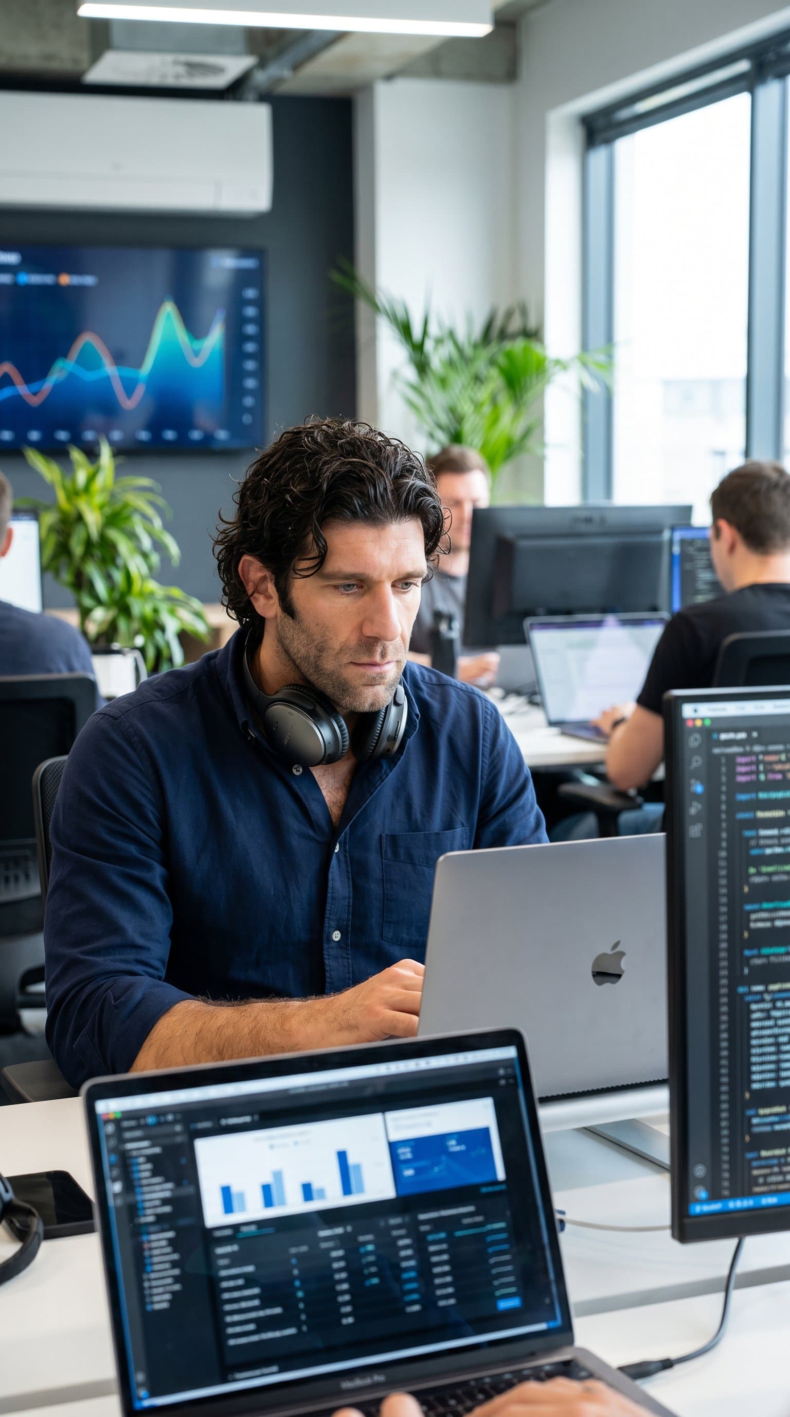 with laptop in modern office, tech-savvy professional man, digital workplace setting