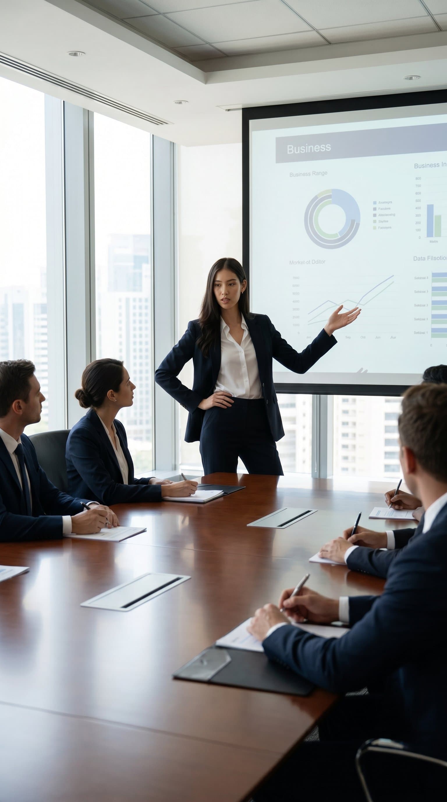 presenting in boardroom, leadership businesswoman, presenting to team, authoritative presence