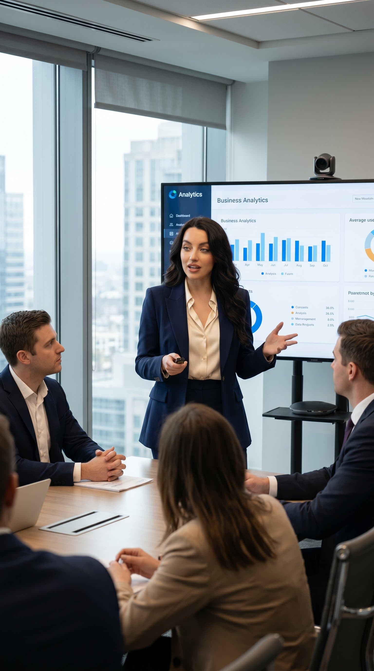 presenting in boardroom, leadership businesswoman, presenting to team, authoritative presence