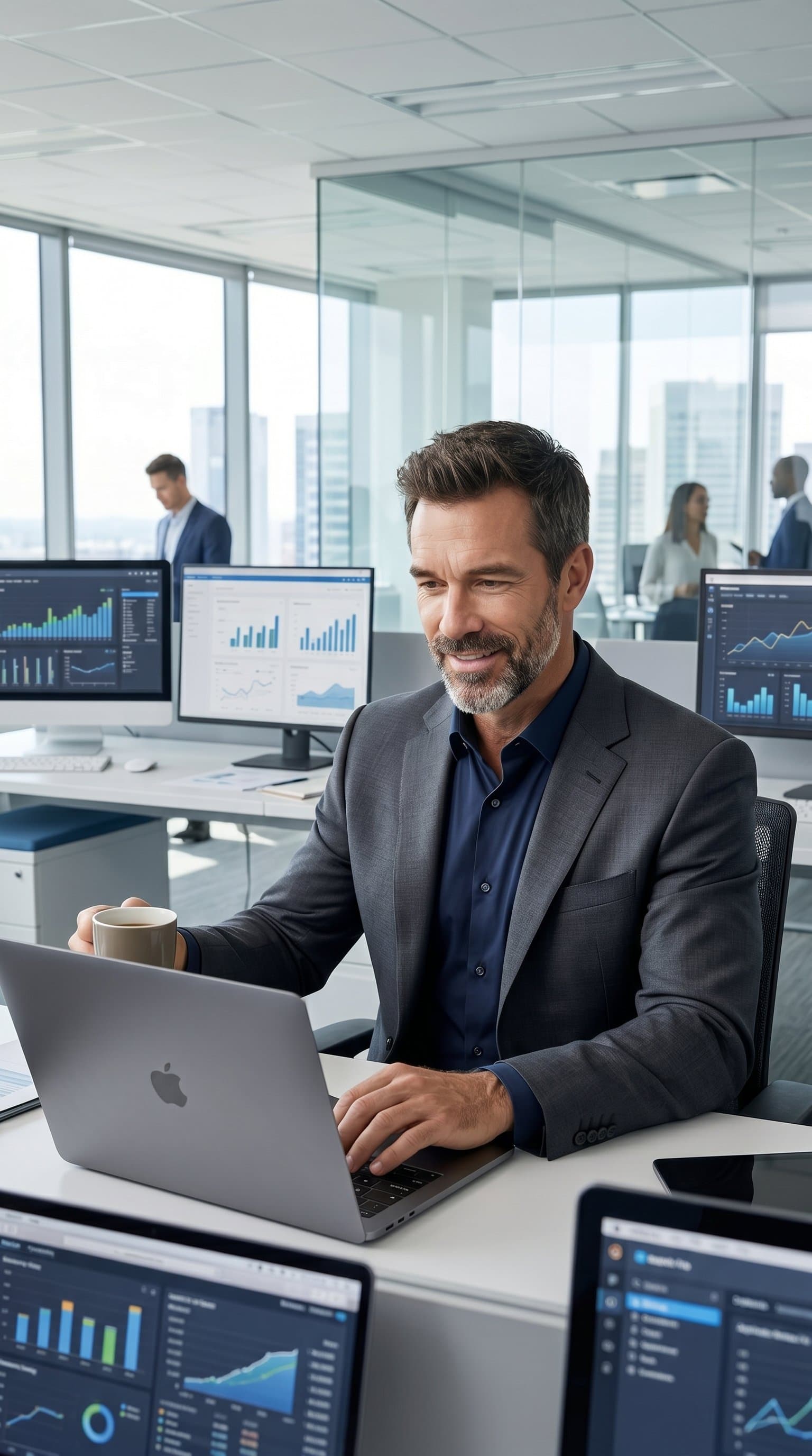 with laptop in modern office, tech-savvy professional man, digital workplace setting