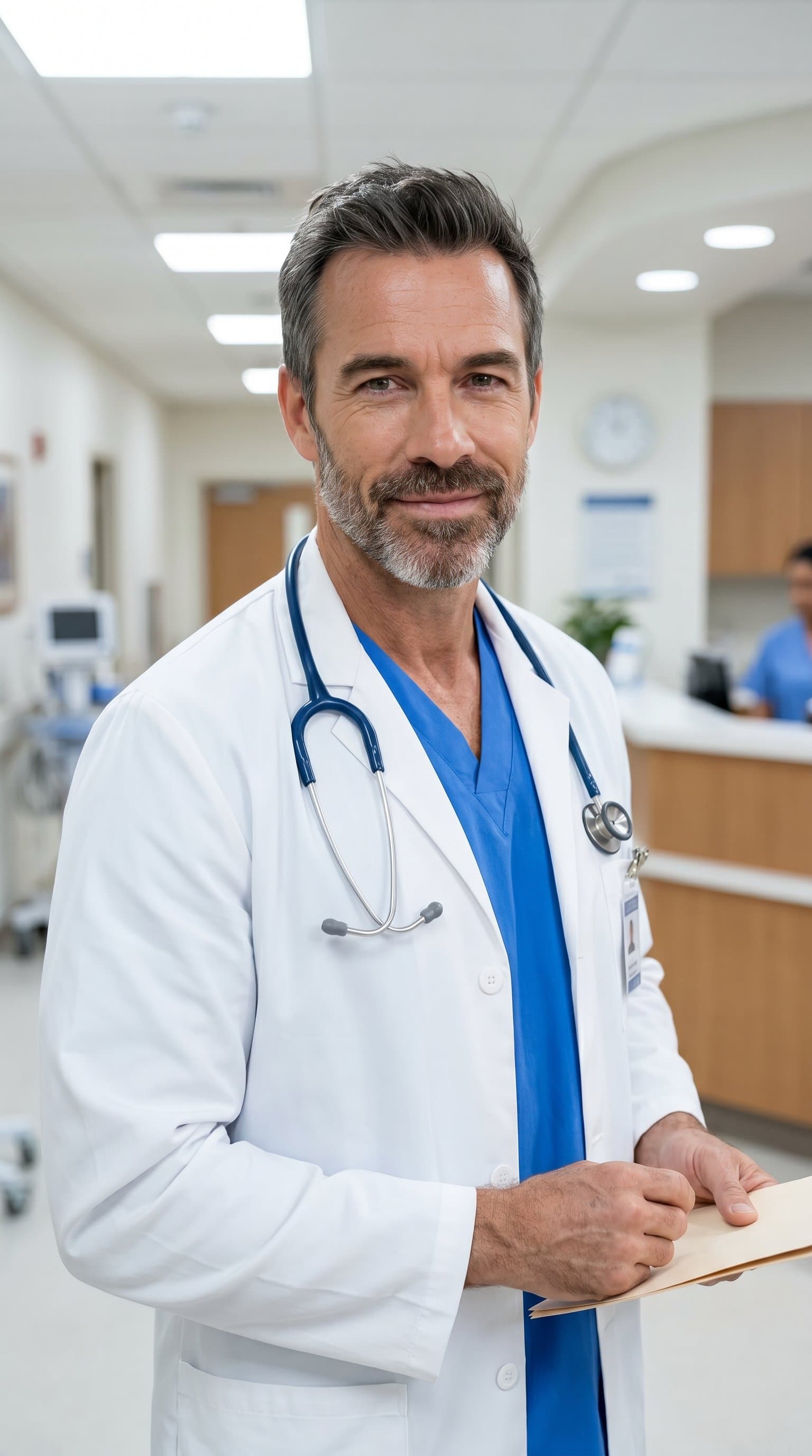 in medical coat, healthcare professional man, hospital or clinic background, caring expression