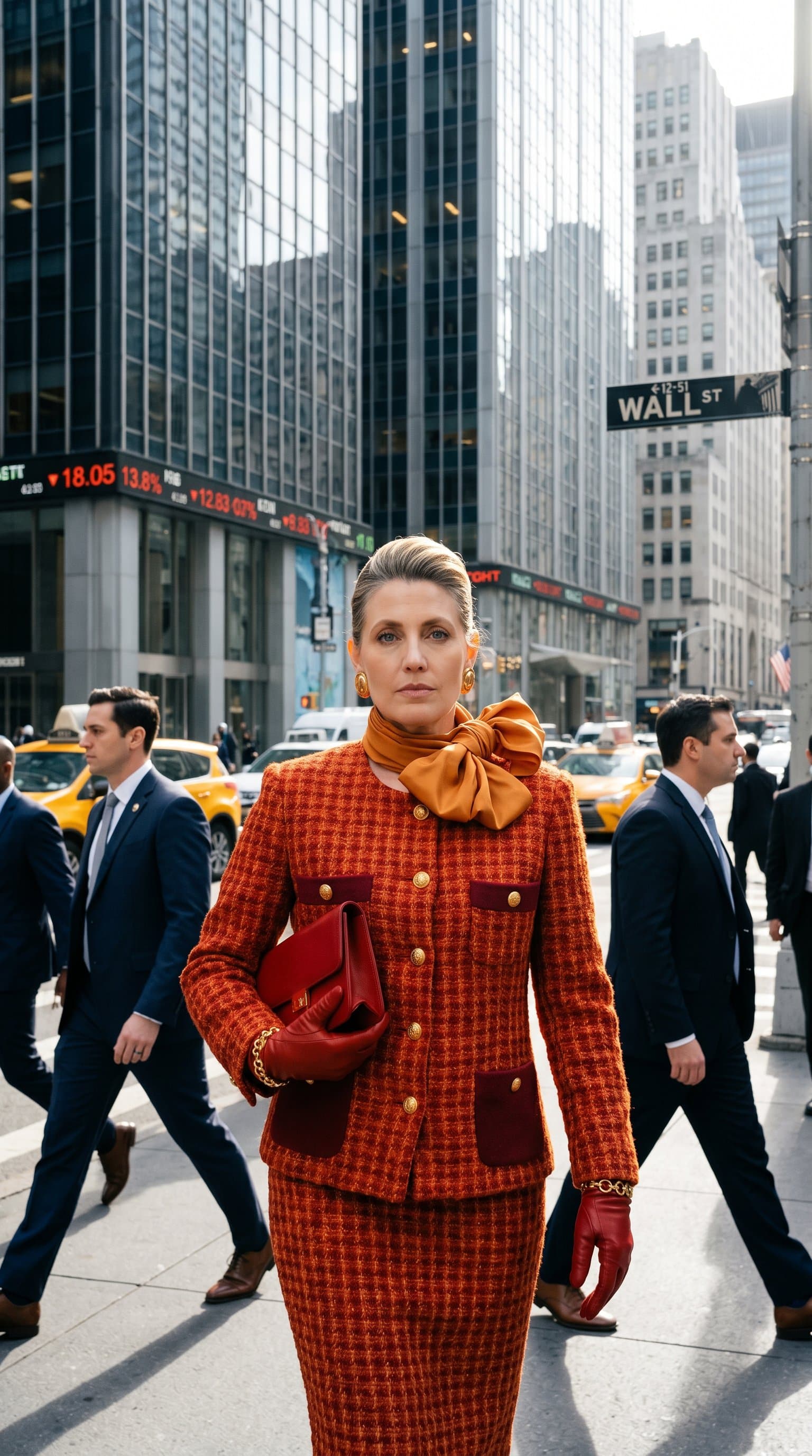 in financial district, investment professional woman, city background, sharp business attire