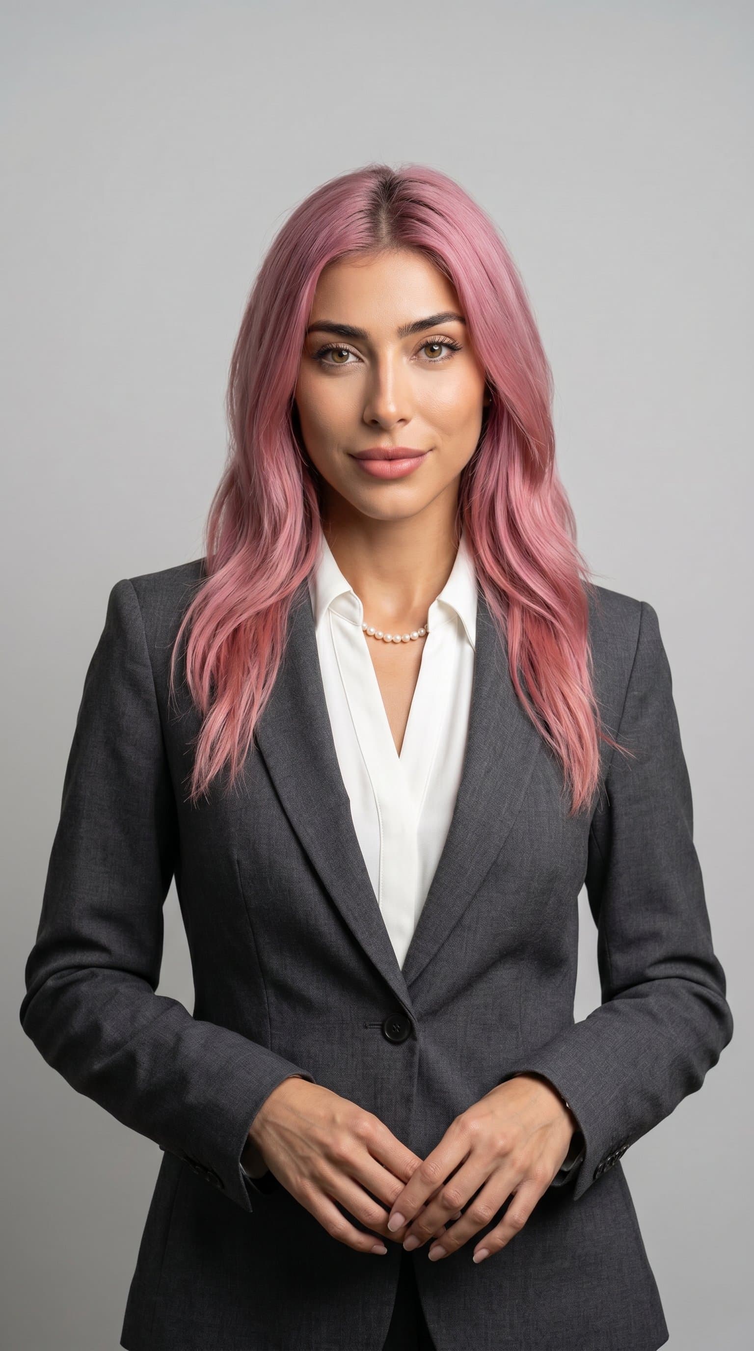 Executive portrait of formal business attire, neutral background, professional lighting setup, executive woman