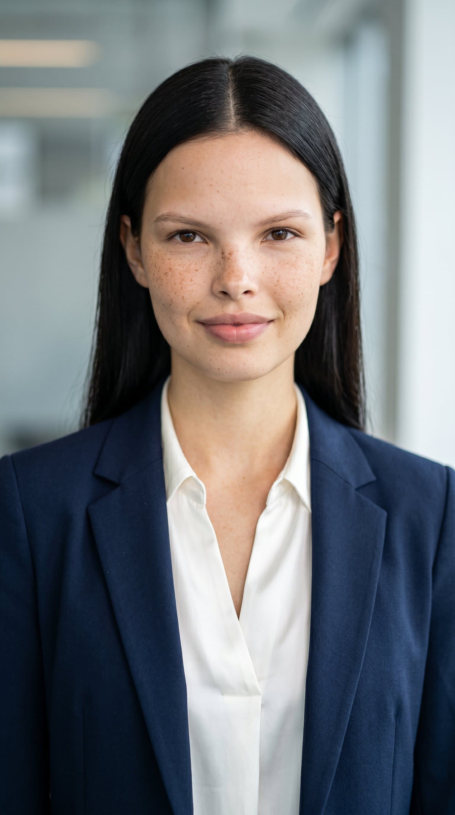 Corporate headshot of blazer, subtle smile, professional demeanor, studio lighting, businesswoman