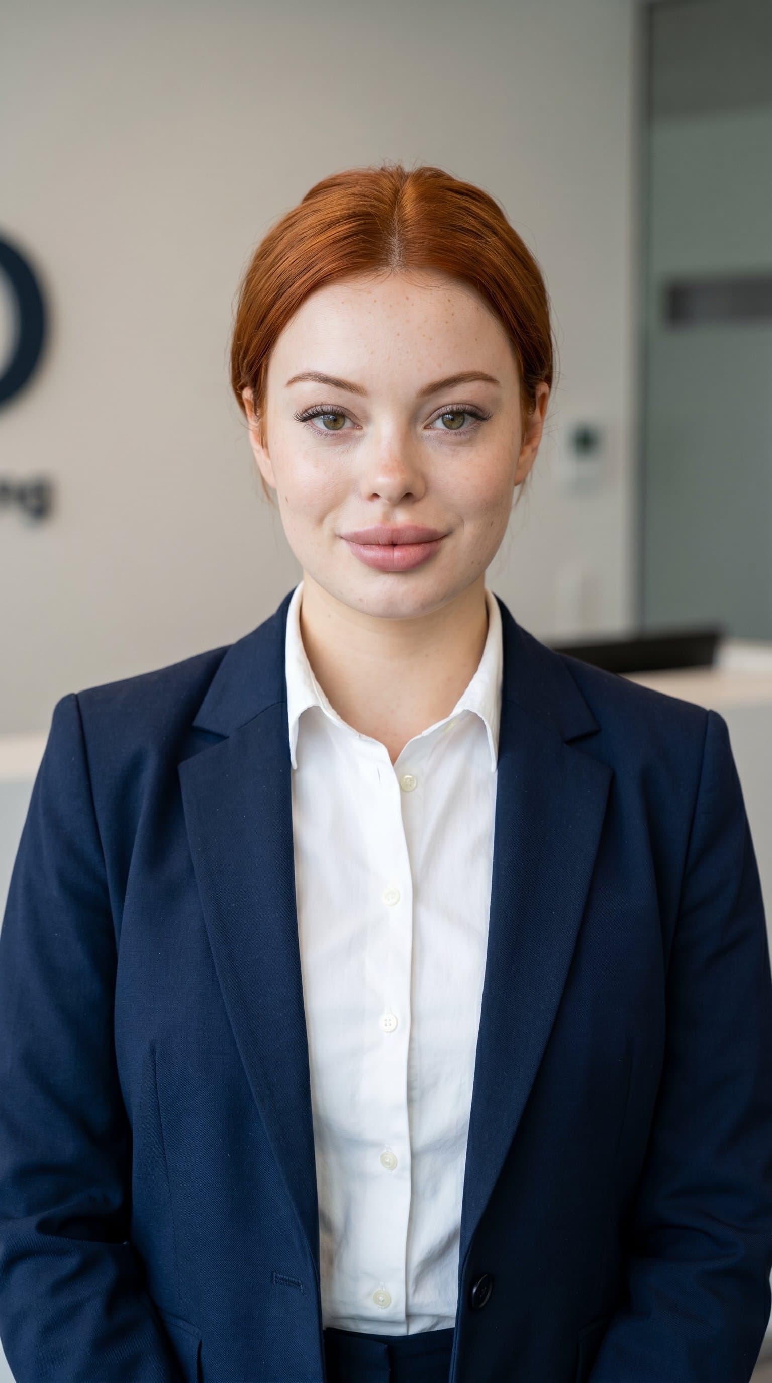 Professional headshot of business attire, clean background, confident expression, corporate lighting, professional woman