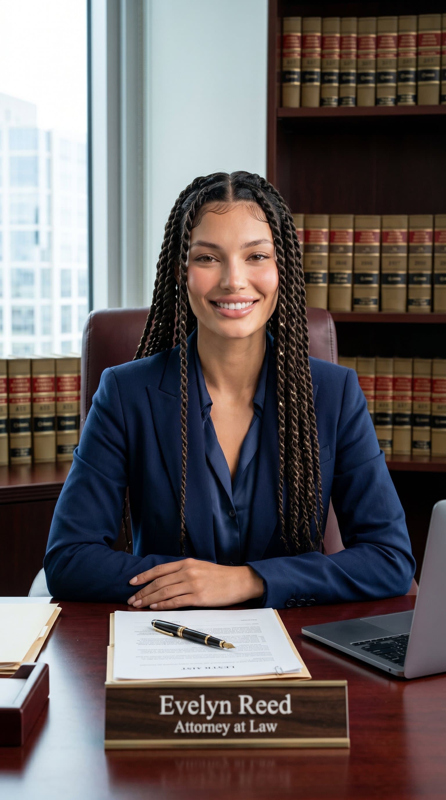 in law office setting, legal professional woman, sophisticated and trustworthy appearance