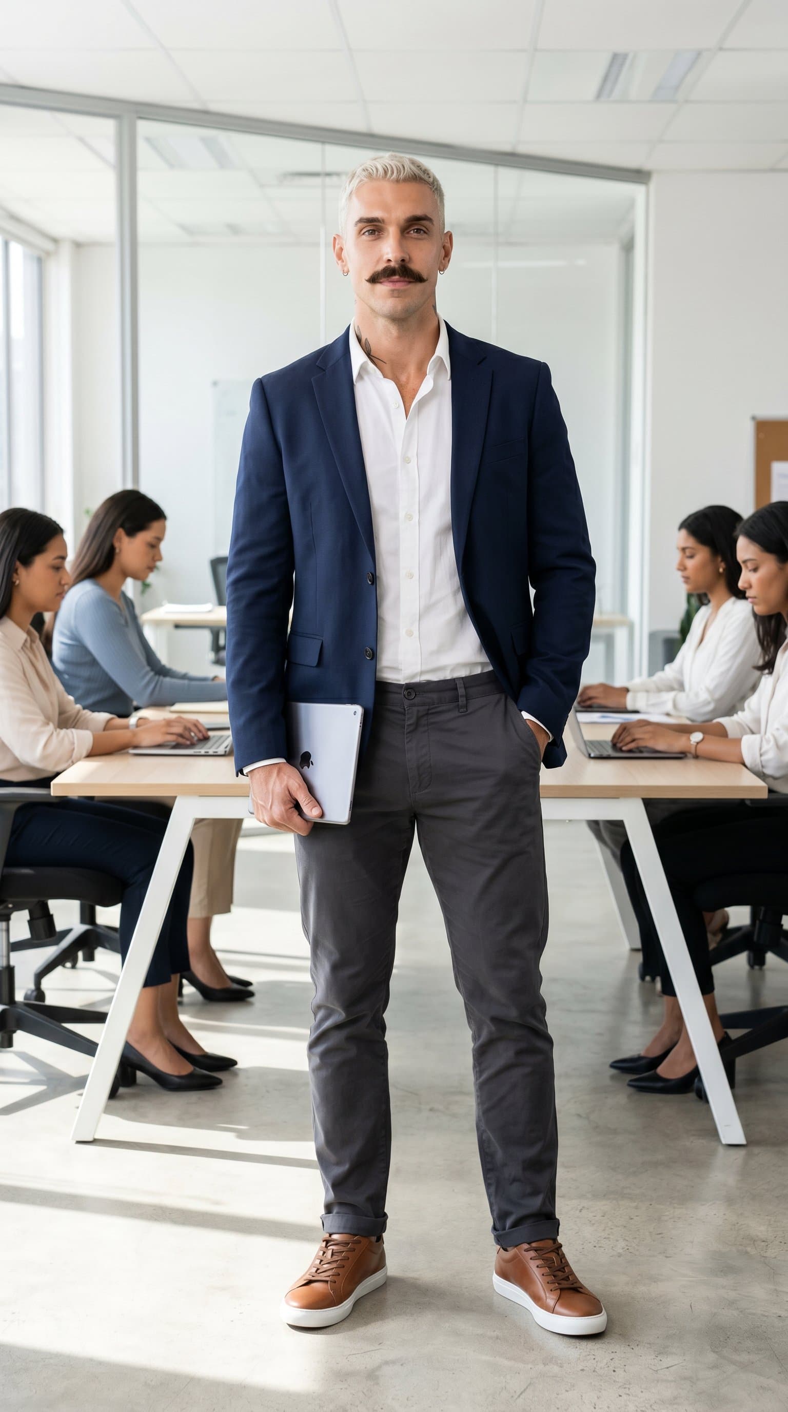 in smart casual business attire, modern office setting, confident and competent expression, professional man