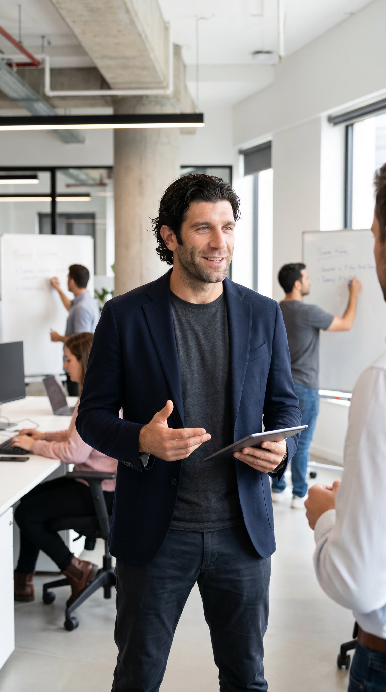 in startup environment, modern casual business look, innovative and approachable, professional man