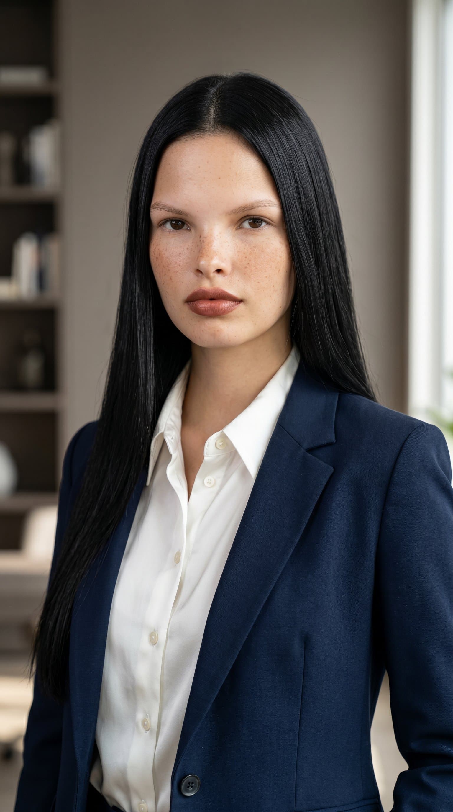 Executive portrait of formal business attire, neutral background, professional lighting setup, executive woman