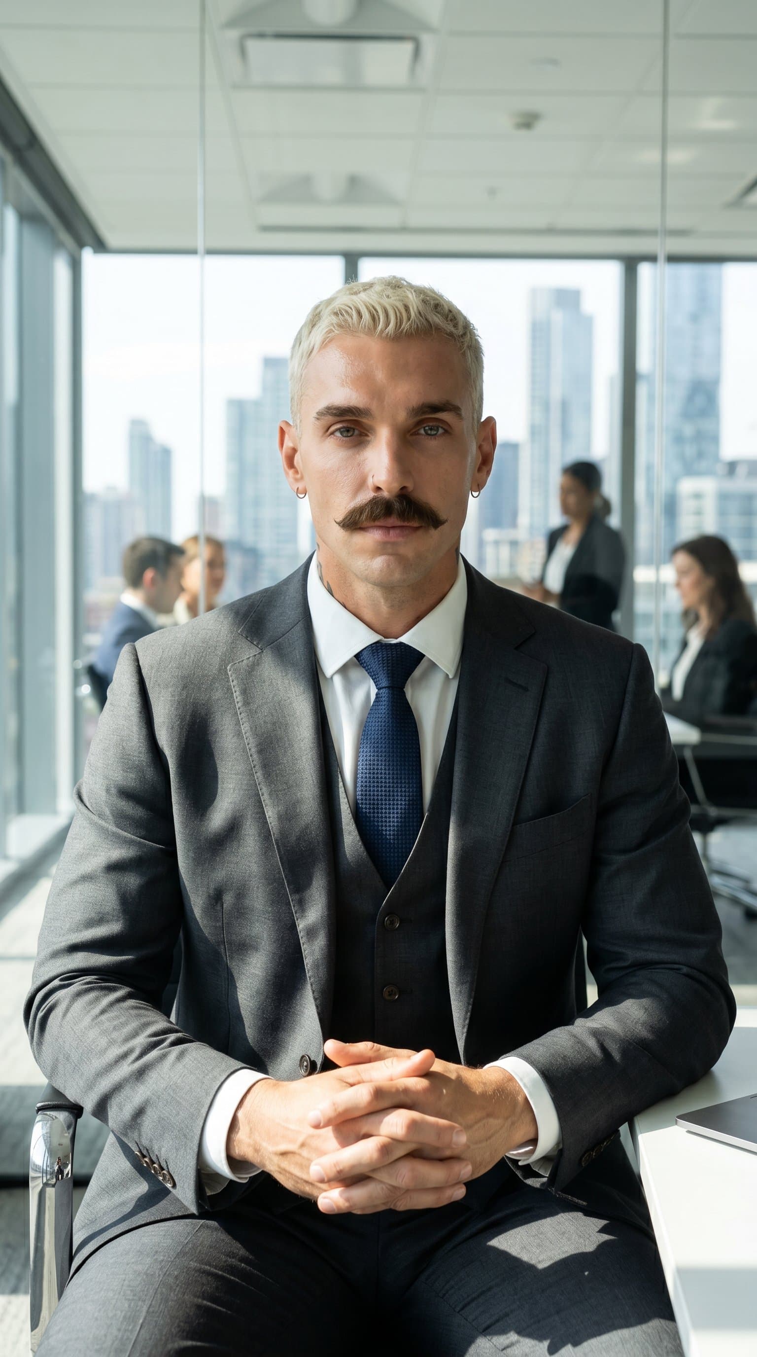 in business suit, office background, professional pose, serious but approachable expression, businessman