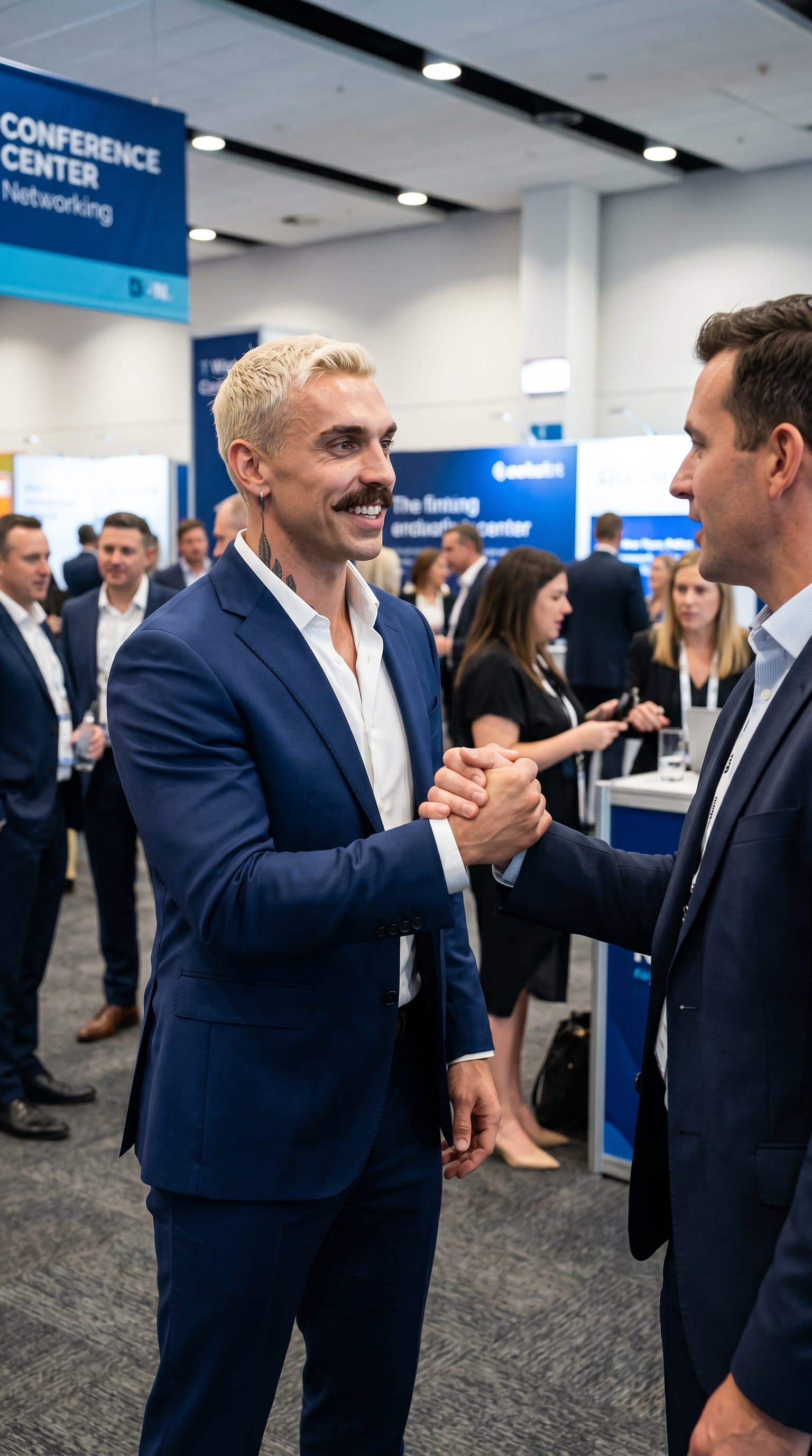 networking at business event, social professional man, handshake or conversation setting