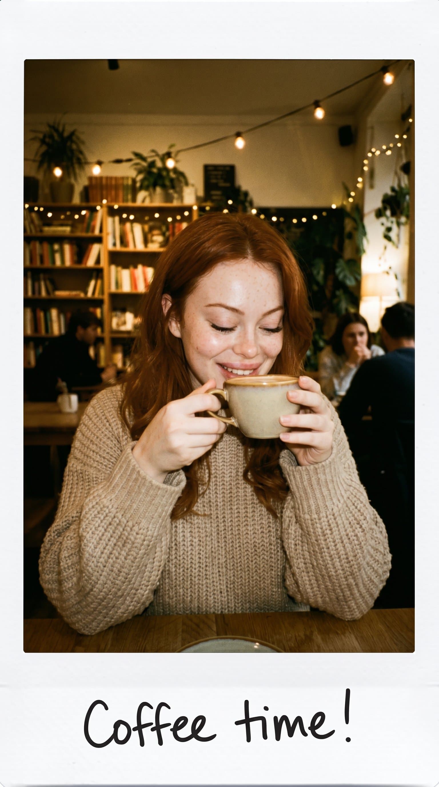 woman sipping coffee in a cozy cafe, Candid Instax