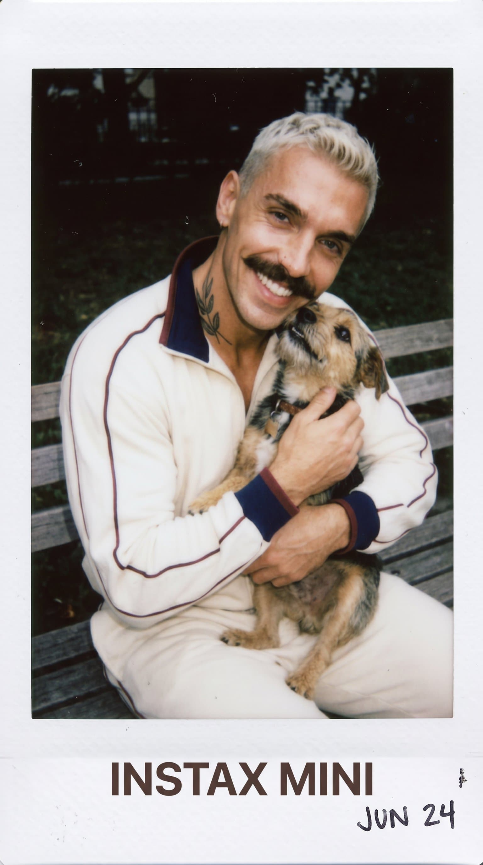 man posing with a pet dog, Candid Instax Mini Phot