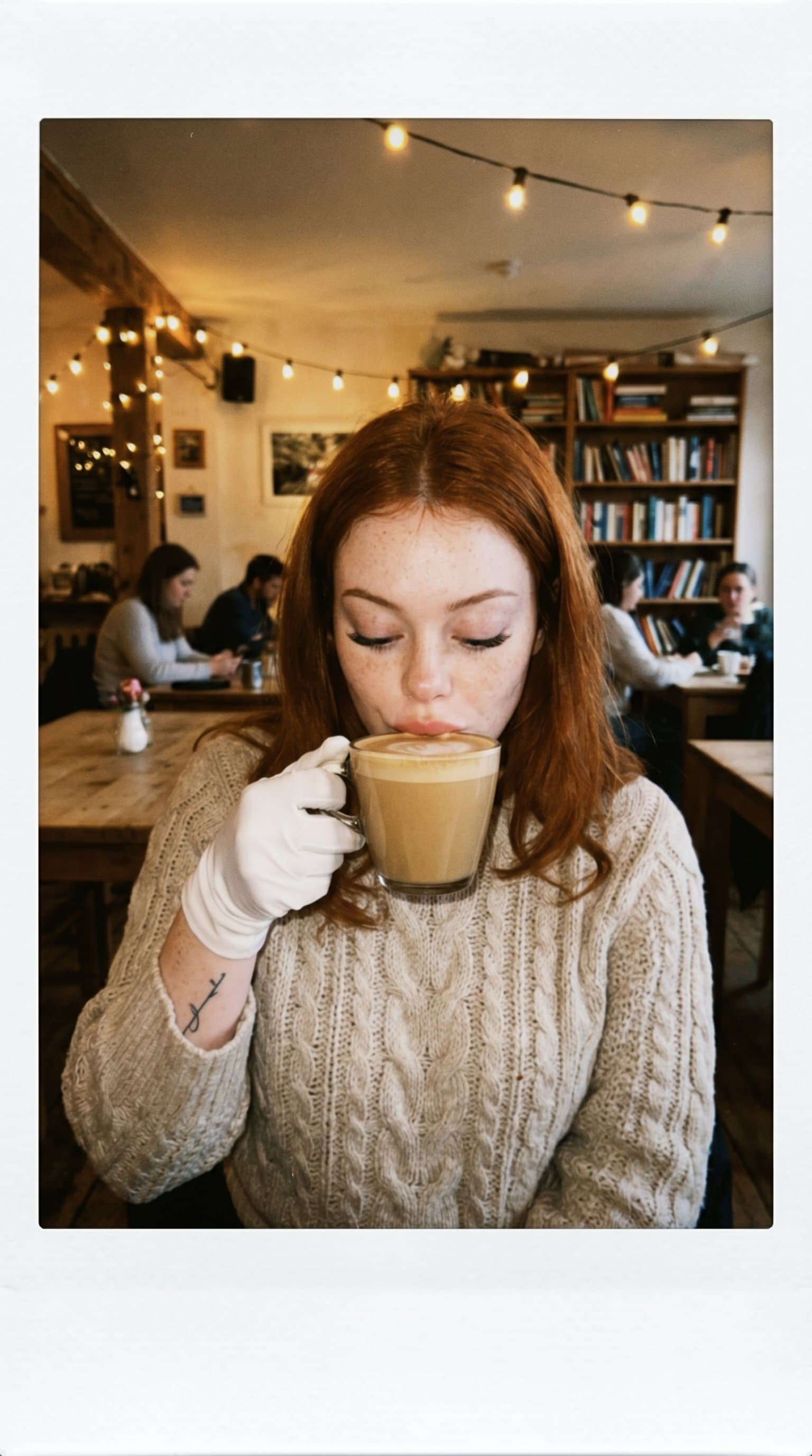 woman sipping coffee in a cozy cafe, Candid Instax