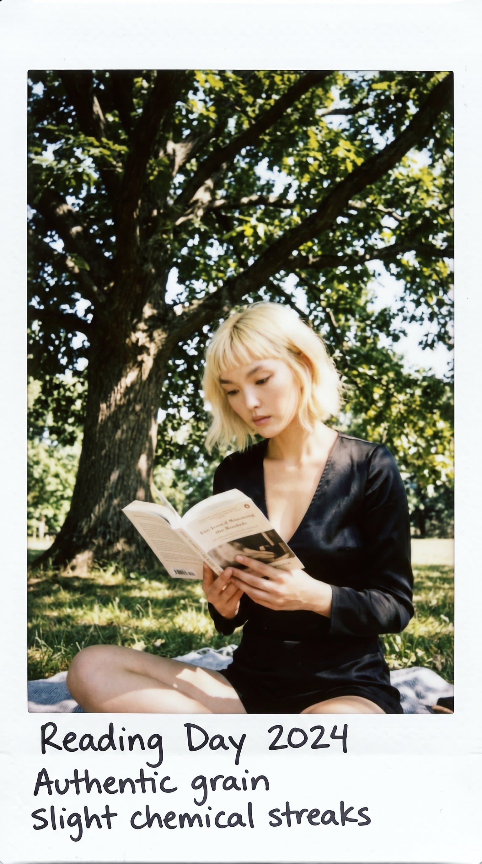 woman reading a book under a tree, Candid Instax M
