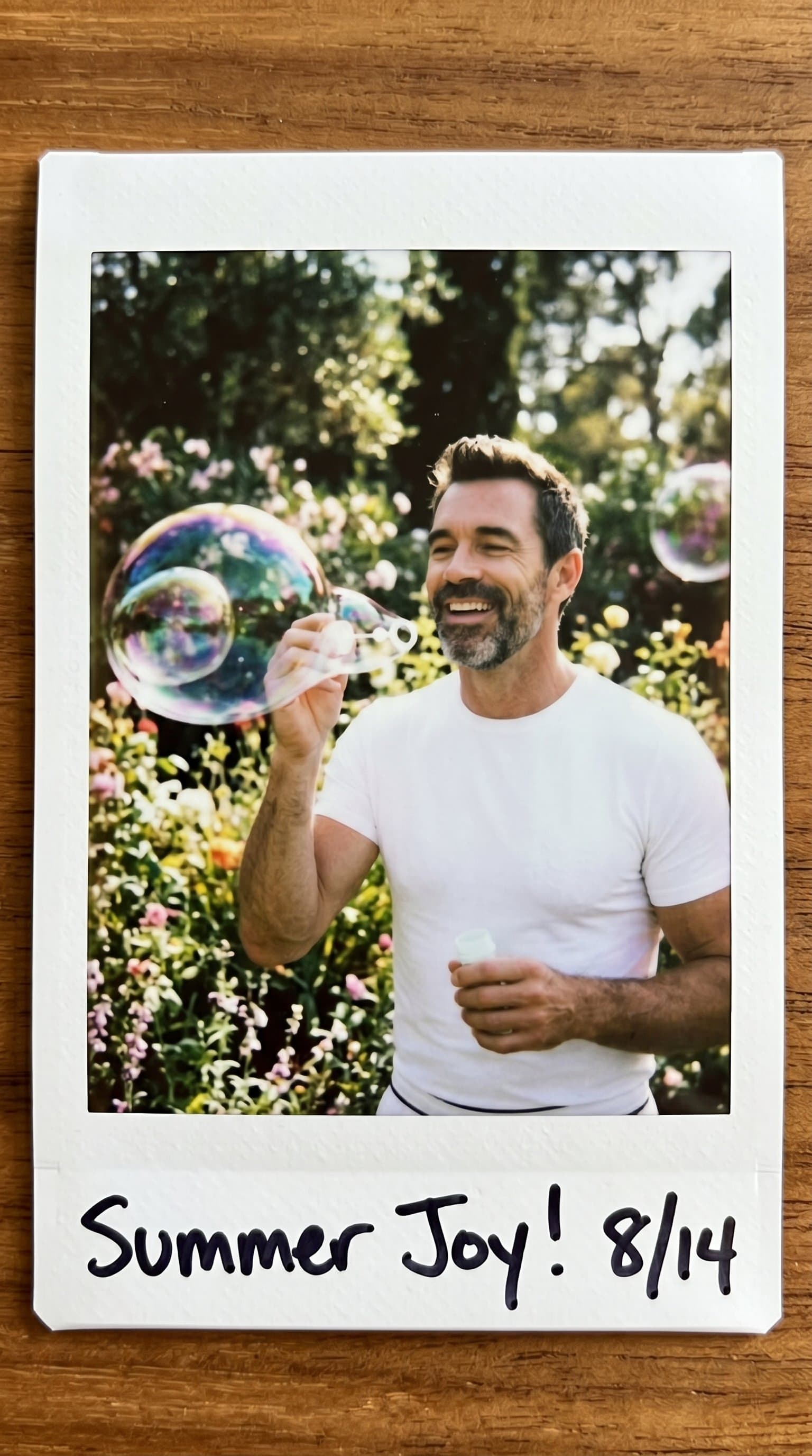 man blowing bubbles in a lush garden, Candid Insta
