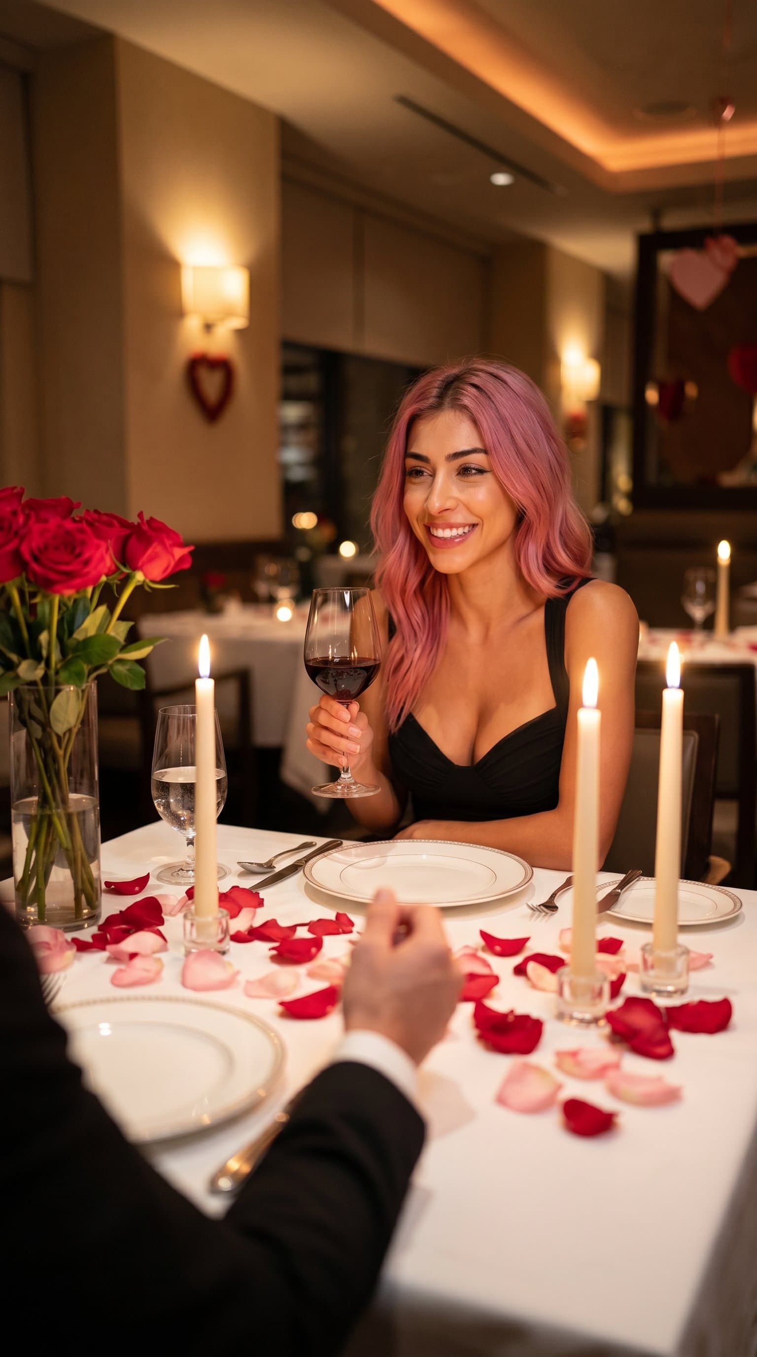 A woman enjoying a romantic candlelit dinner with