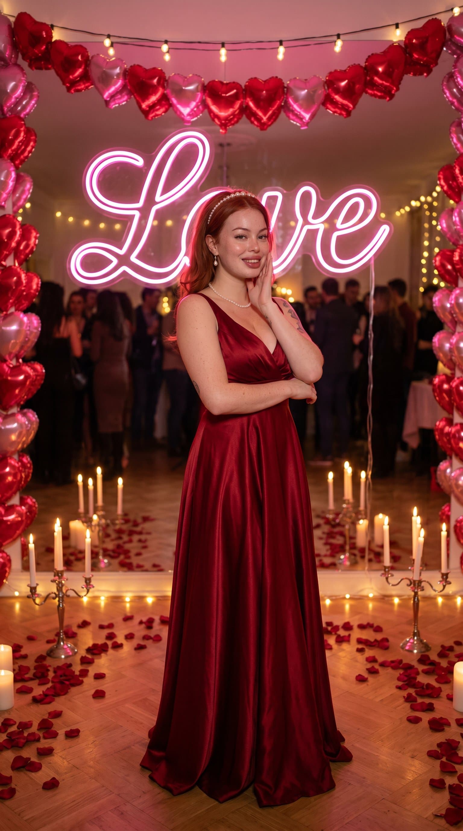 A woman wearing a flowing red dress, standing in front of a glowing 'Love' neon sign, surrounded by Valentine's Day decor like heart-shaped garlands and candles