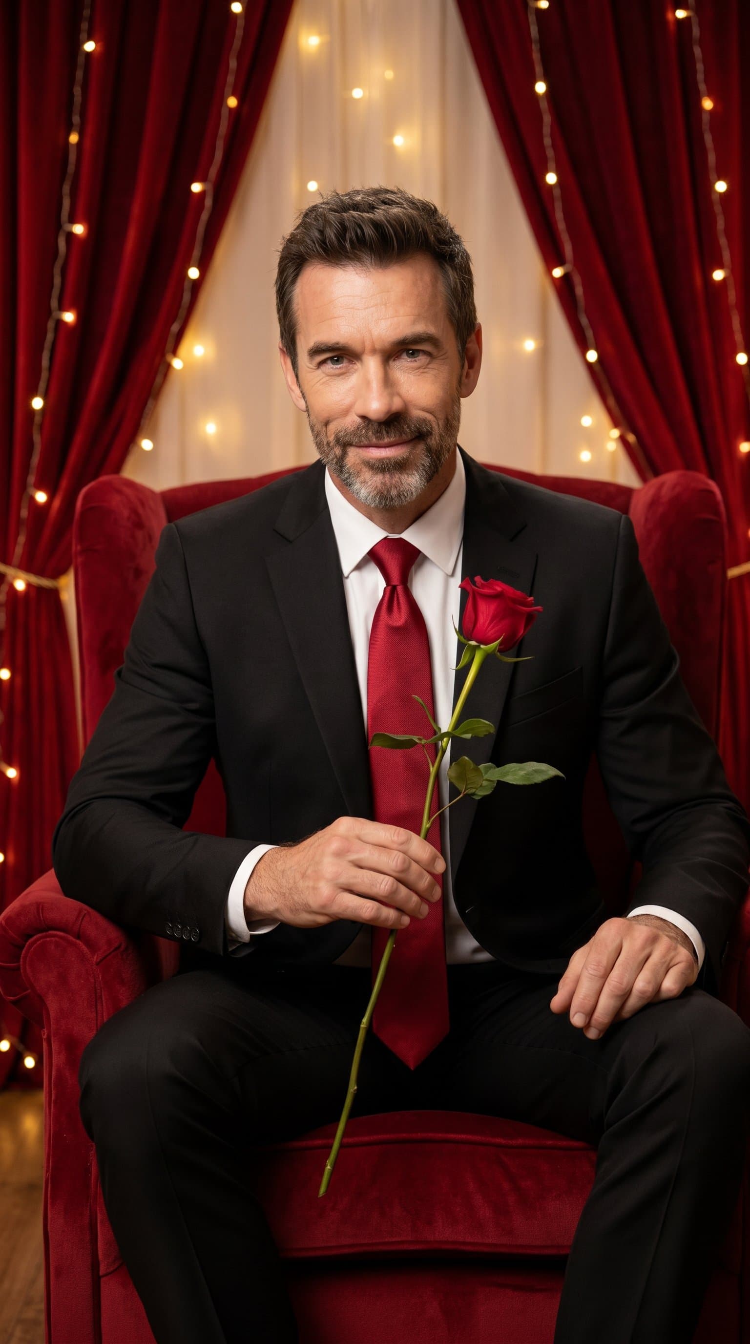 A man in an elegant black suit with a red tie, sitting on a velvet chair, holding a single long-stemmed rose, with romantic string lights and red curtains in the background