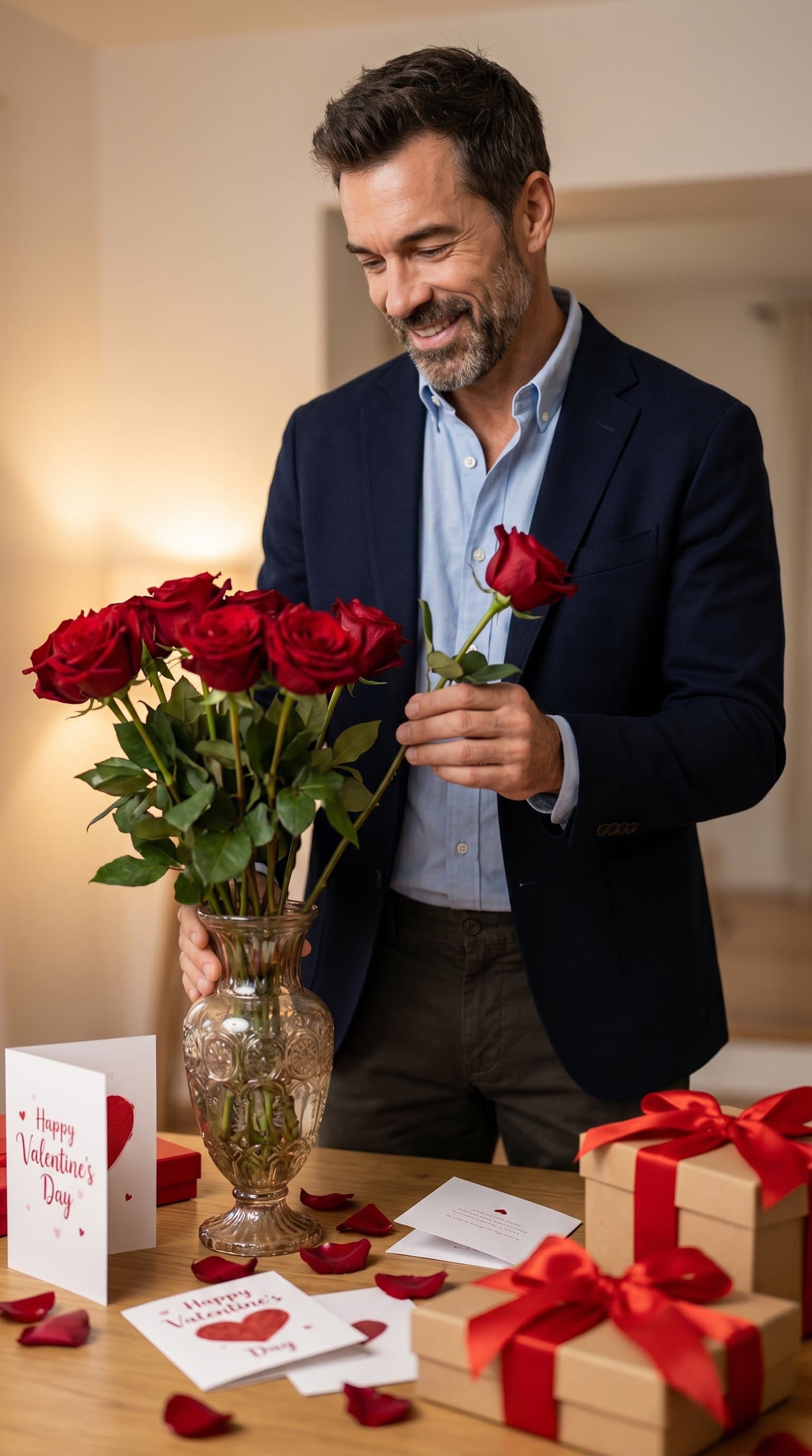 A man in a smart casual outfit, arranging a beautiful bouquet of red roses in a vintage vase, surrounded by Valentine's cards and gift boxes with red ribbons