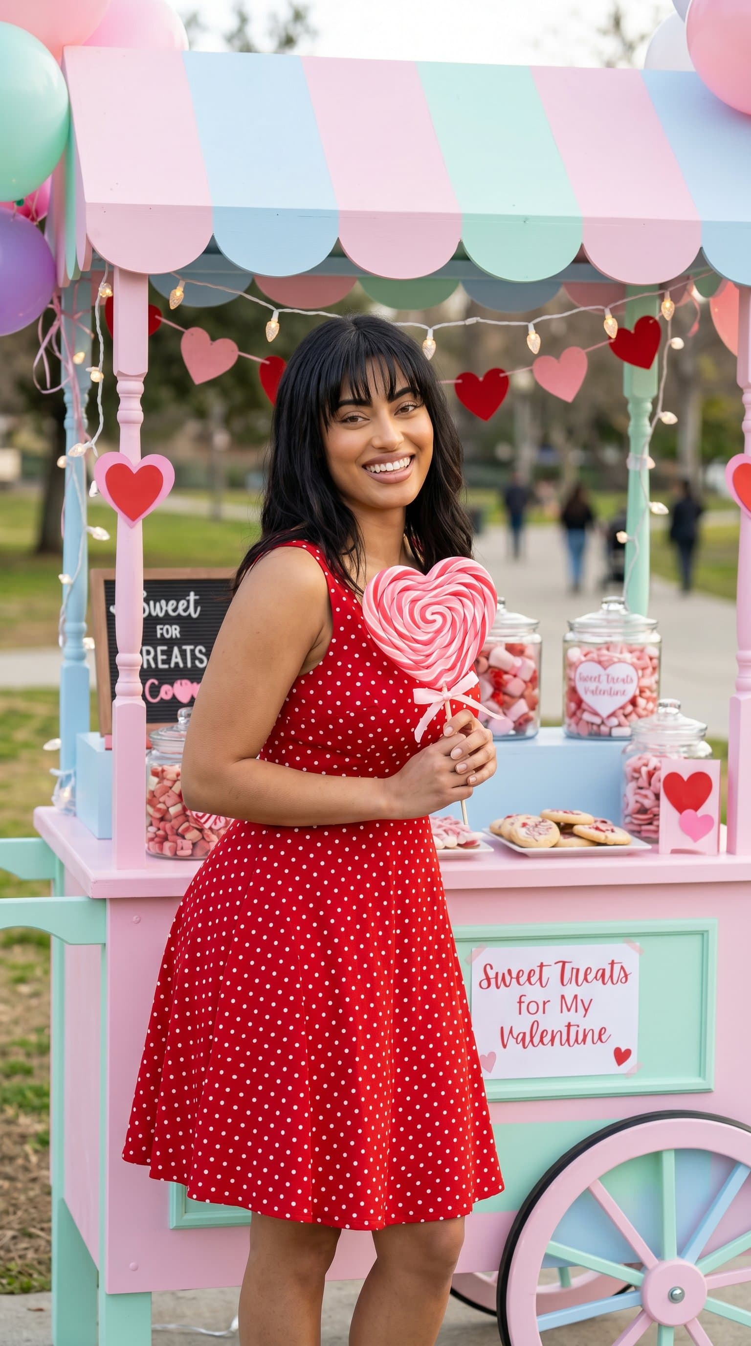 A woman wearing a cute polka-dot dress, holding a large heart-shaped lollipop, standing next to a pastel-colored candy cart with Valentine's treats