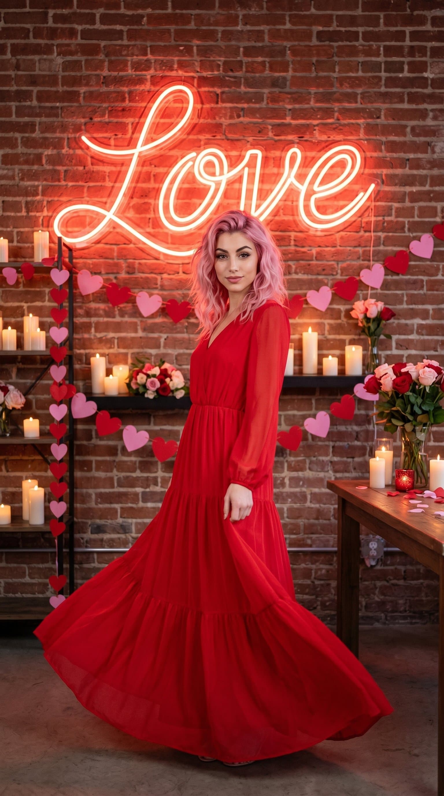 A woman wearing a flowing red dress, standing in front of a glowing 'Love' neon sign, surrounded by Valentine's Day decor like heart-shaped garlands and candles