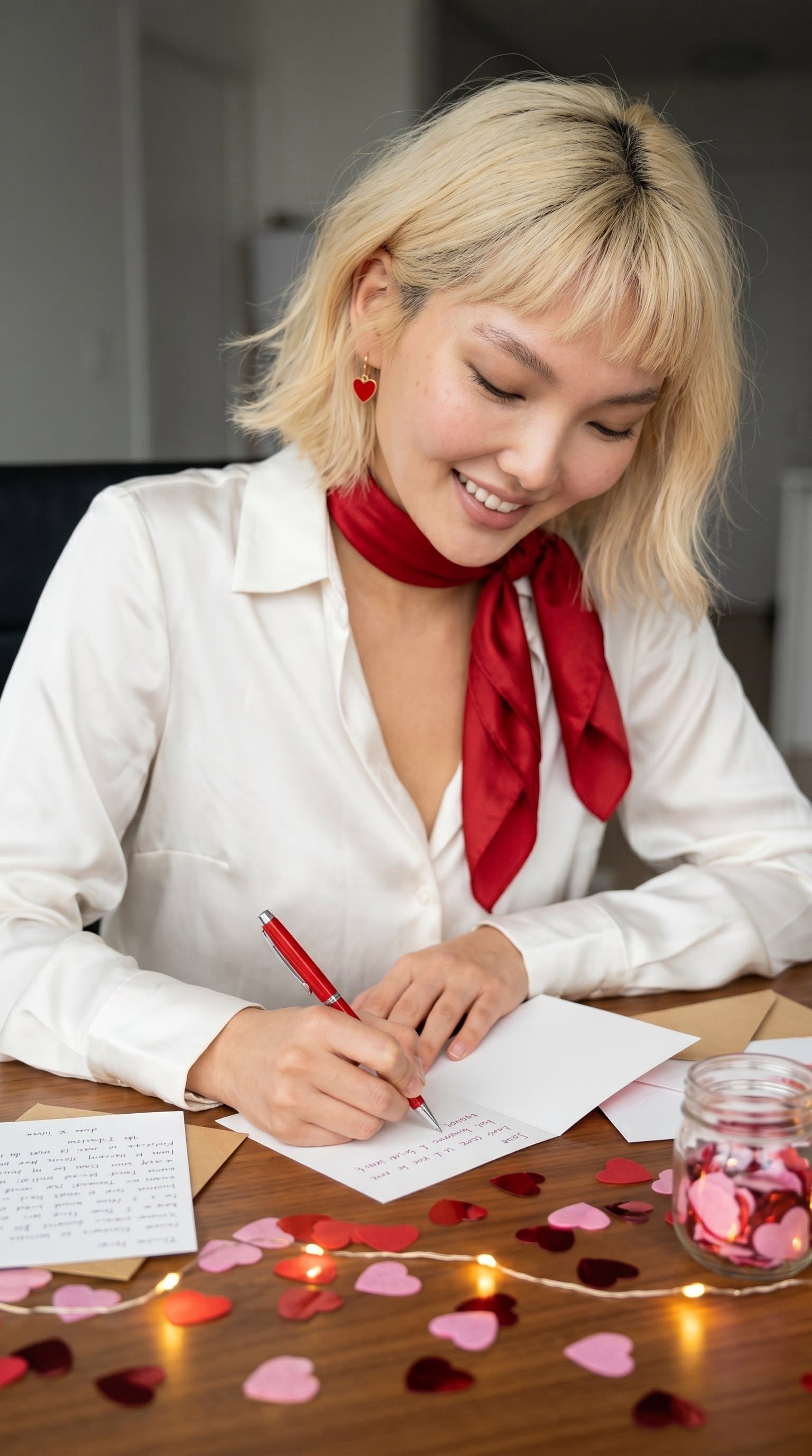A woman in an elegant white blouse with red accessories, writing love notes at a desk decorated with heart-shaped confetti and fairy lights