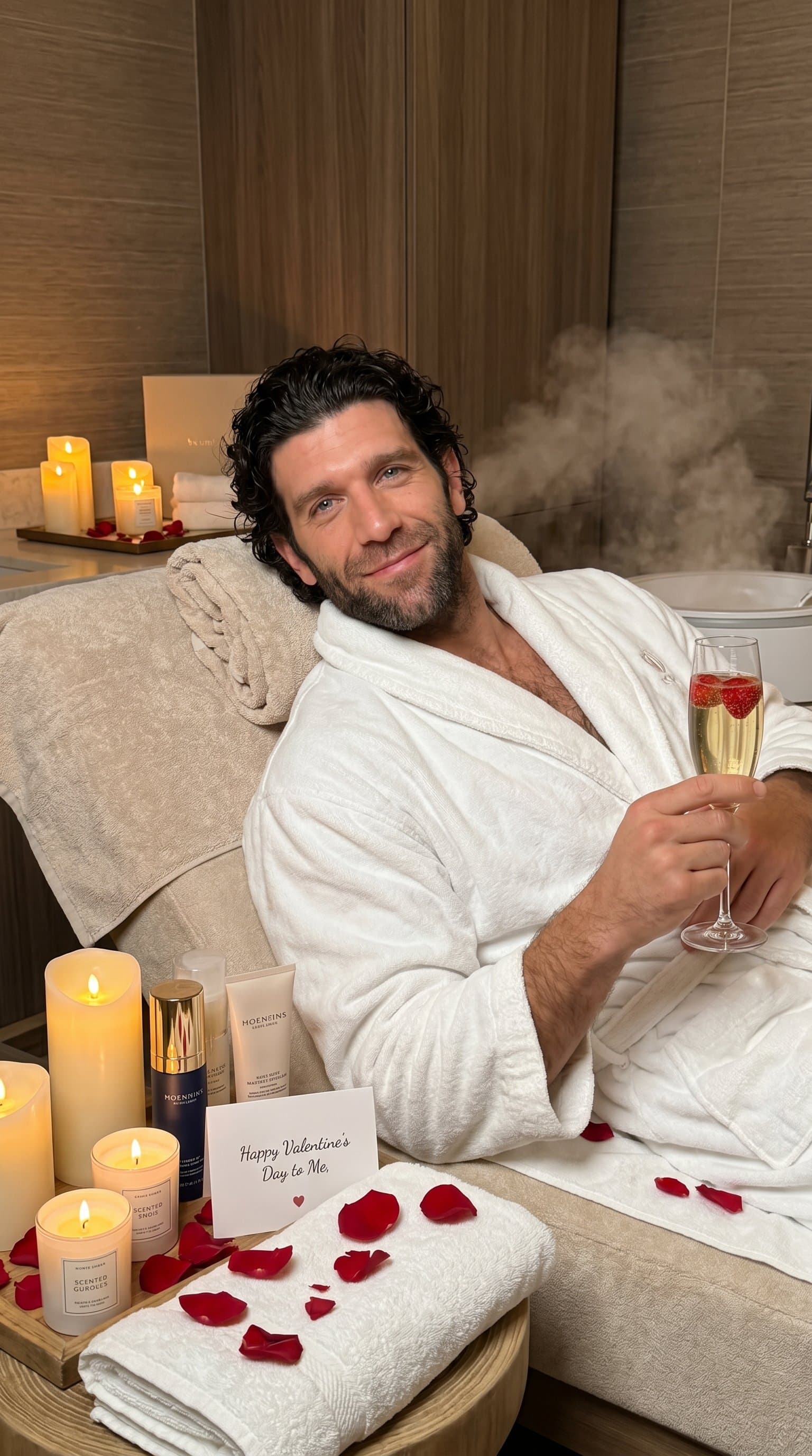 A man treating himself on Valentine's Day, relaxing in a luxury spa setting with scented candles, enjoying self-care and indulgence