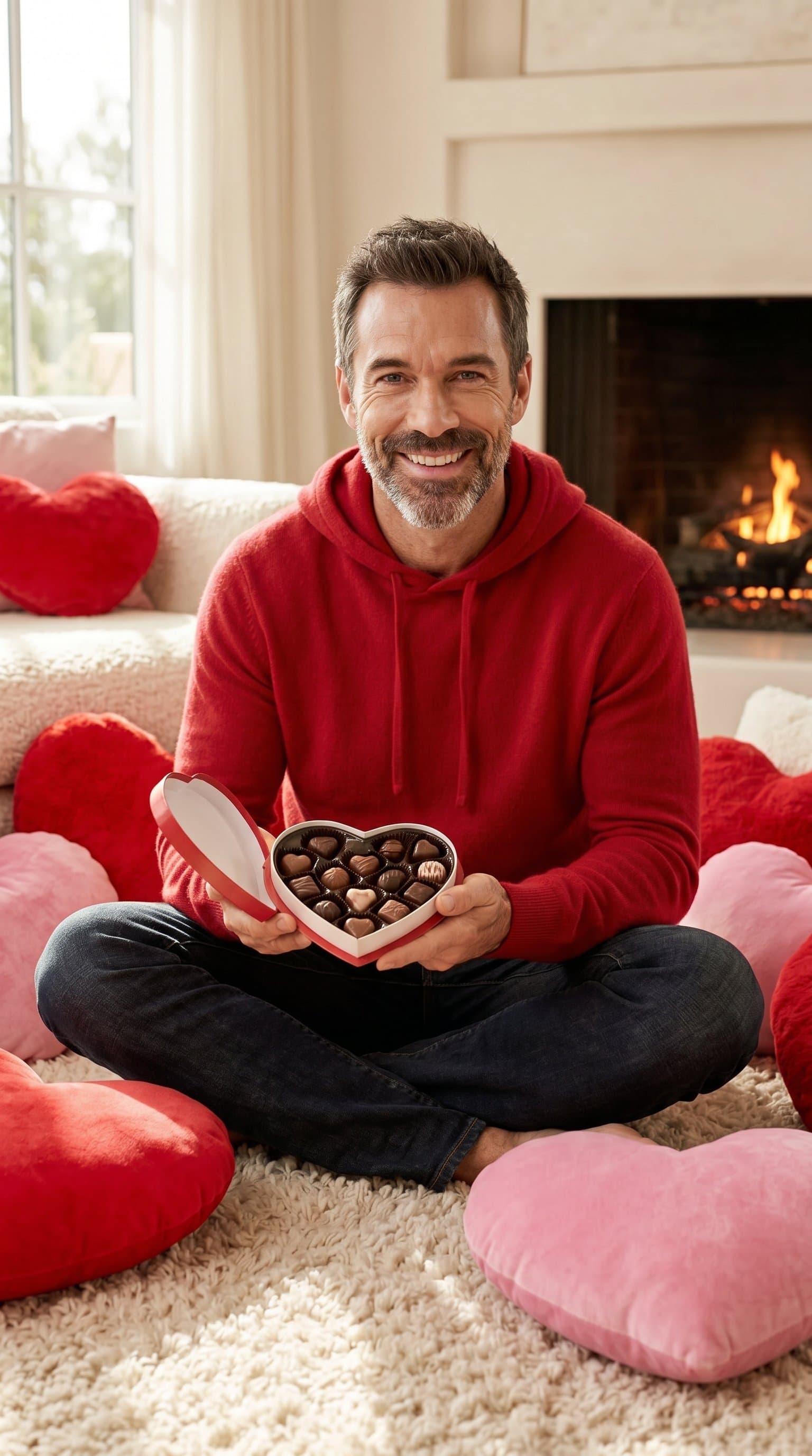 A man wearing a comfortable red hoodie, sitting on a plush rug surrounded by heart-shaped pillows, holding a box of chocolates and smiling warmly