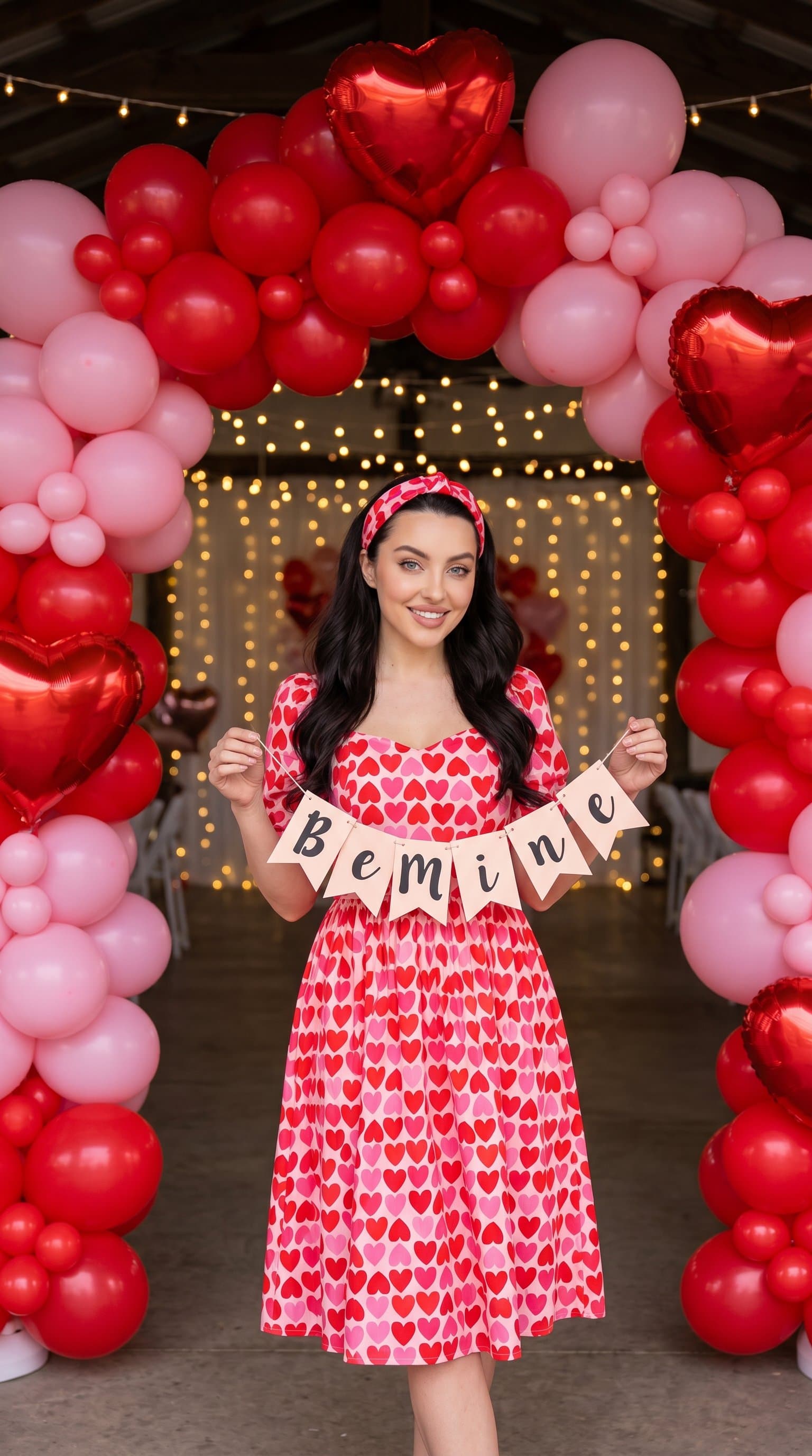 A woman standing under an archway made of red and pink balloons, holding a 'Be Mine' banner while wearing a heart-patterned dress and a matching headband