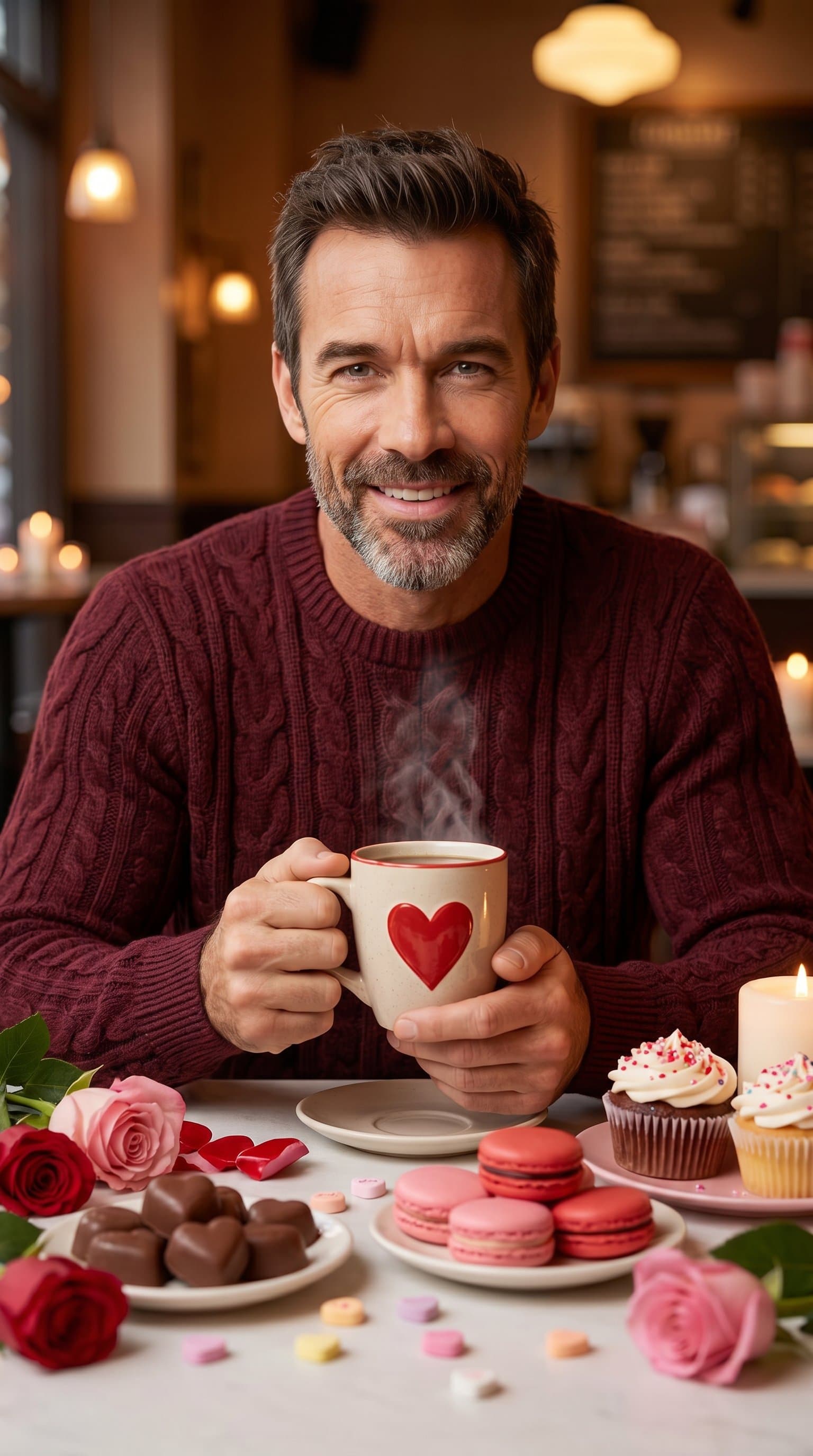 A man wearing a cozy sweater, sitting at a table adorned with Valentine's treats like cupcakes, macarons, and chocolates, holding a steaming mug with a heart design