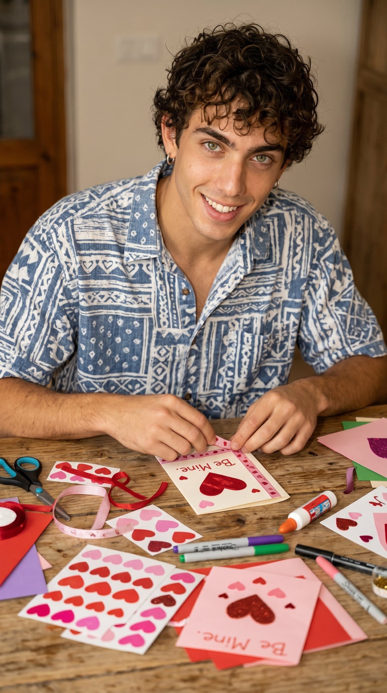 A man wearing a casual button-up shirt, creating handmade Valentine's cards with craft supplies, ribbons, and heart stickers spread across a wooden table