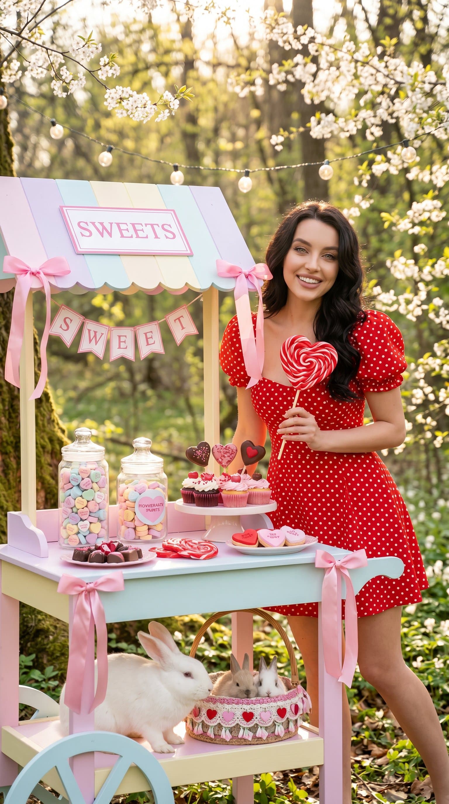 A woman wearing a cute polka-dot dress, holding a large heart-shaped lollipop, standing next to a pastel-colored candy cart with Valentine's treats