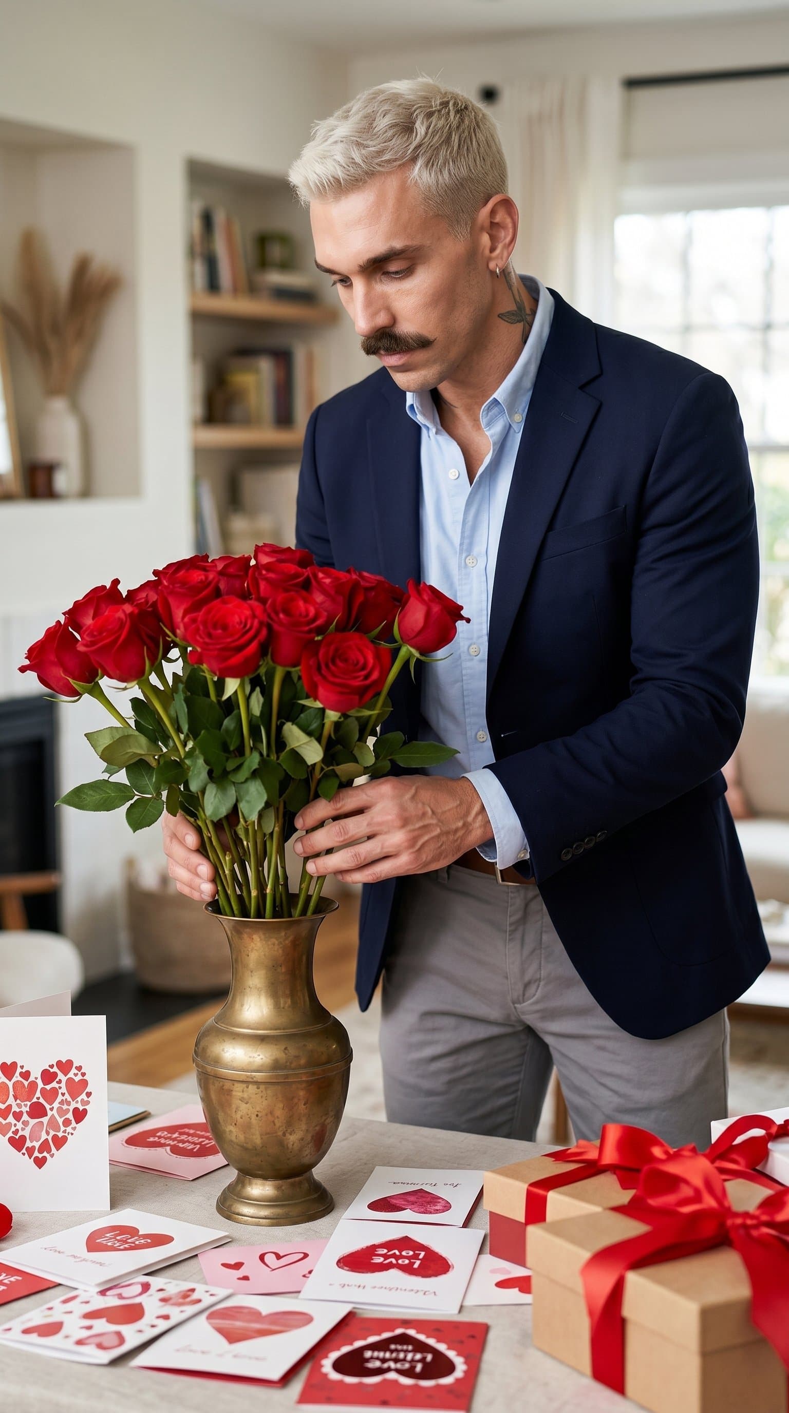 A man in a smart casual outfit, arranging a beautiful bouquet of red roses in a vintage vase, surrounded by Valentine's cards and gift boxes with red ribbons
