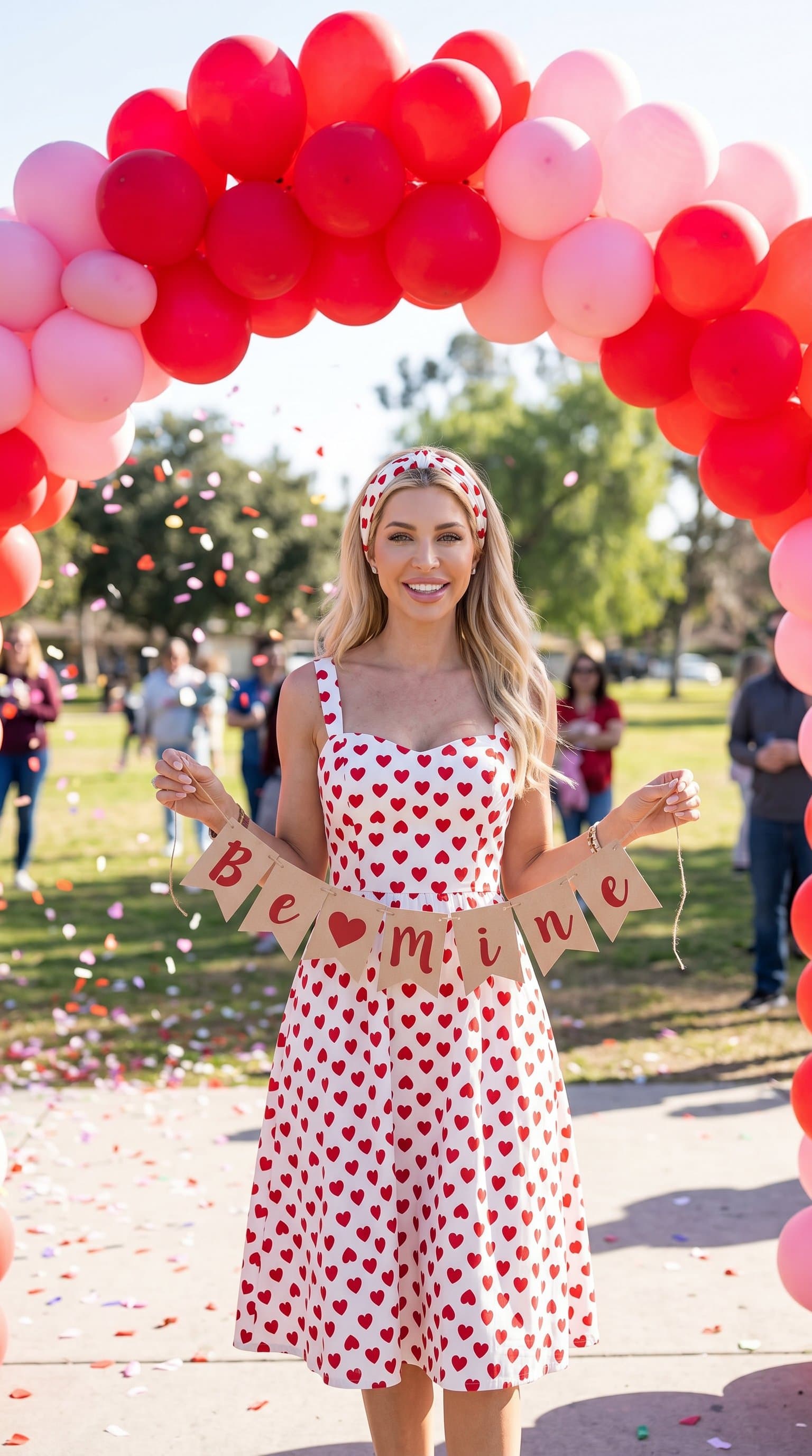 A woman standing under an archway made of red and pink balloons, holding a 'Be Mine' banner while wearing a heart-patterned dress and a matching headband