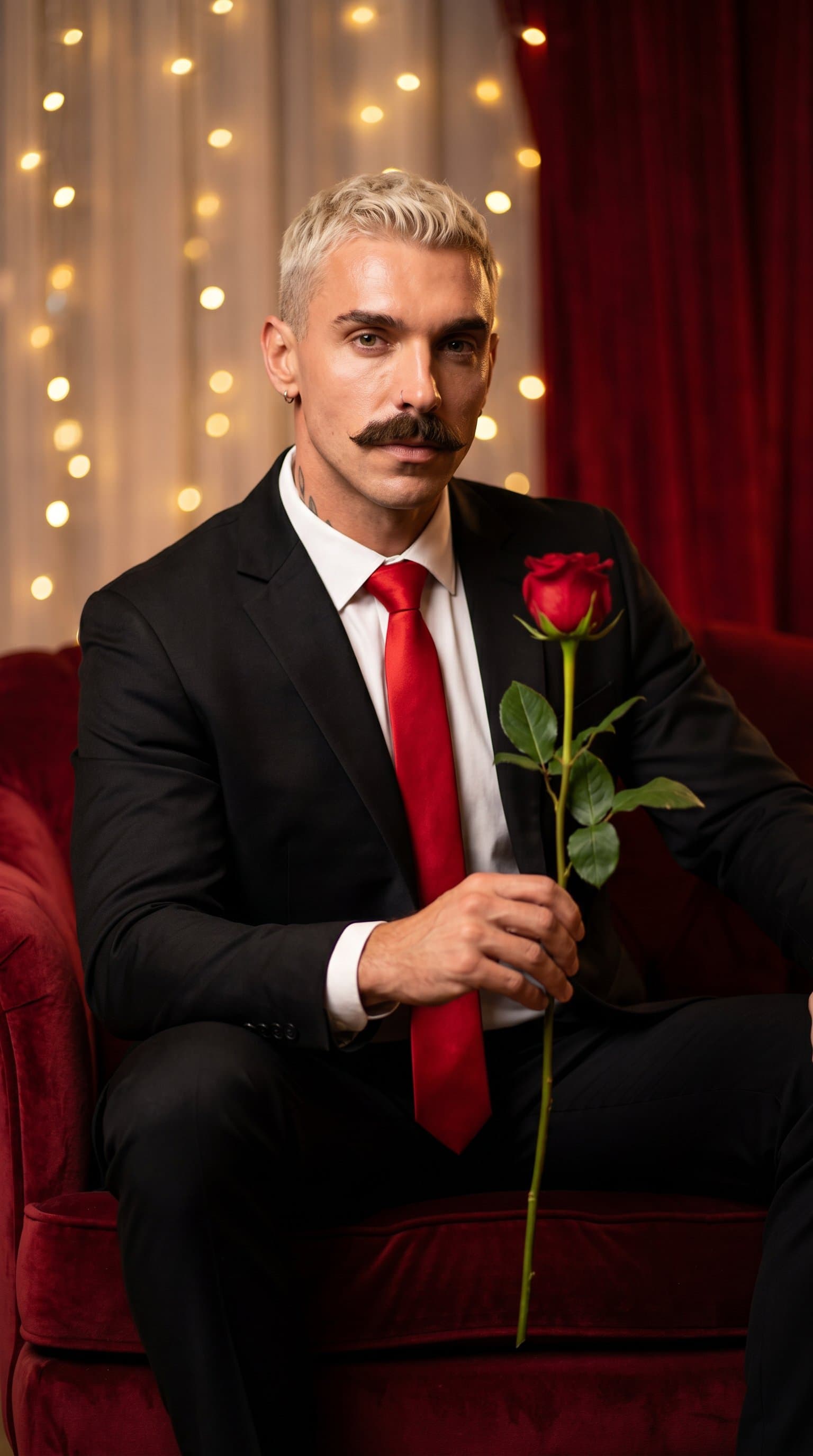 A man in an elegant black suit with a red tie, sitting on a velvet chair, holding a single long-stemmed rose, with romantic string lights and red curtains in the background