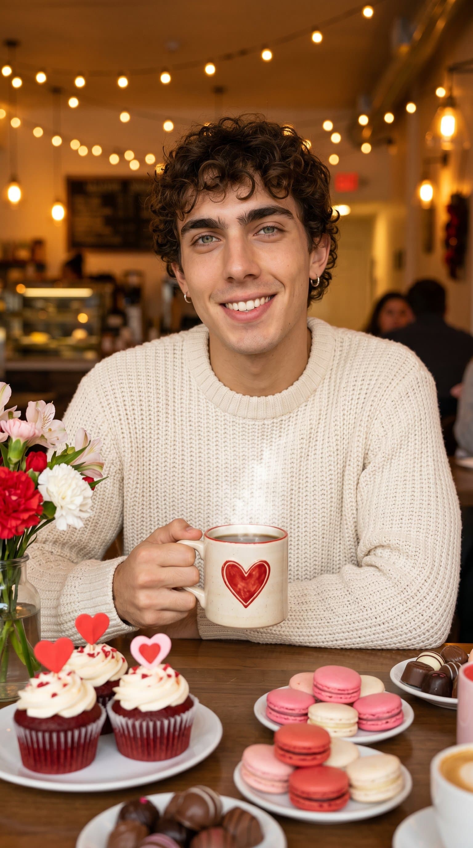 A man wearing a cozy sweater, sitting at a table adorned with Valentine's treats like cupcakes, macarons, and chocolates, holding a steaming mug with a heart design