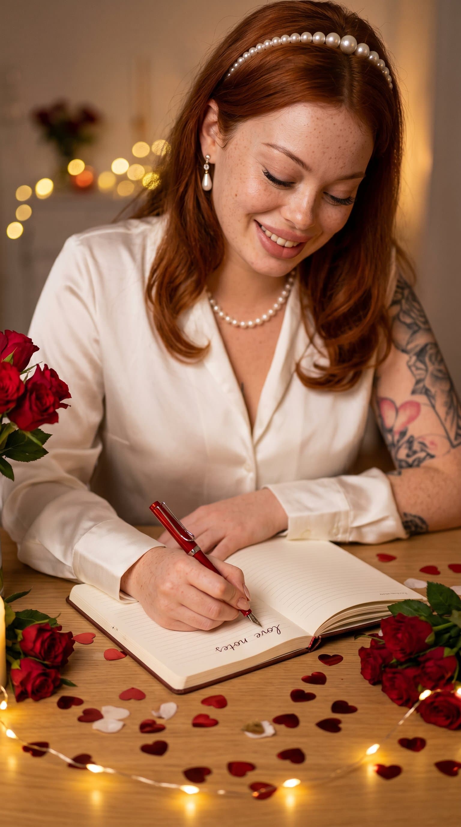 A woman in an elegant white blouse with red accessories, writing love notes at a desk decorated with heart-shaped confetti and fairy lights