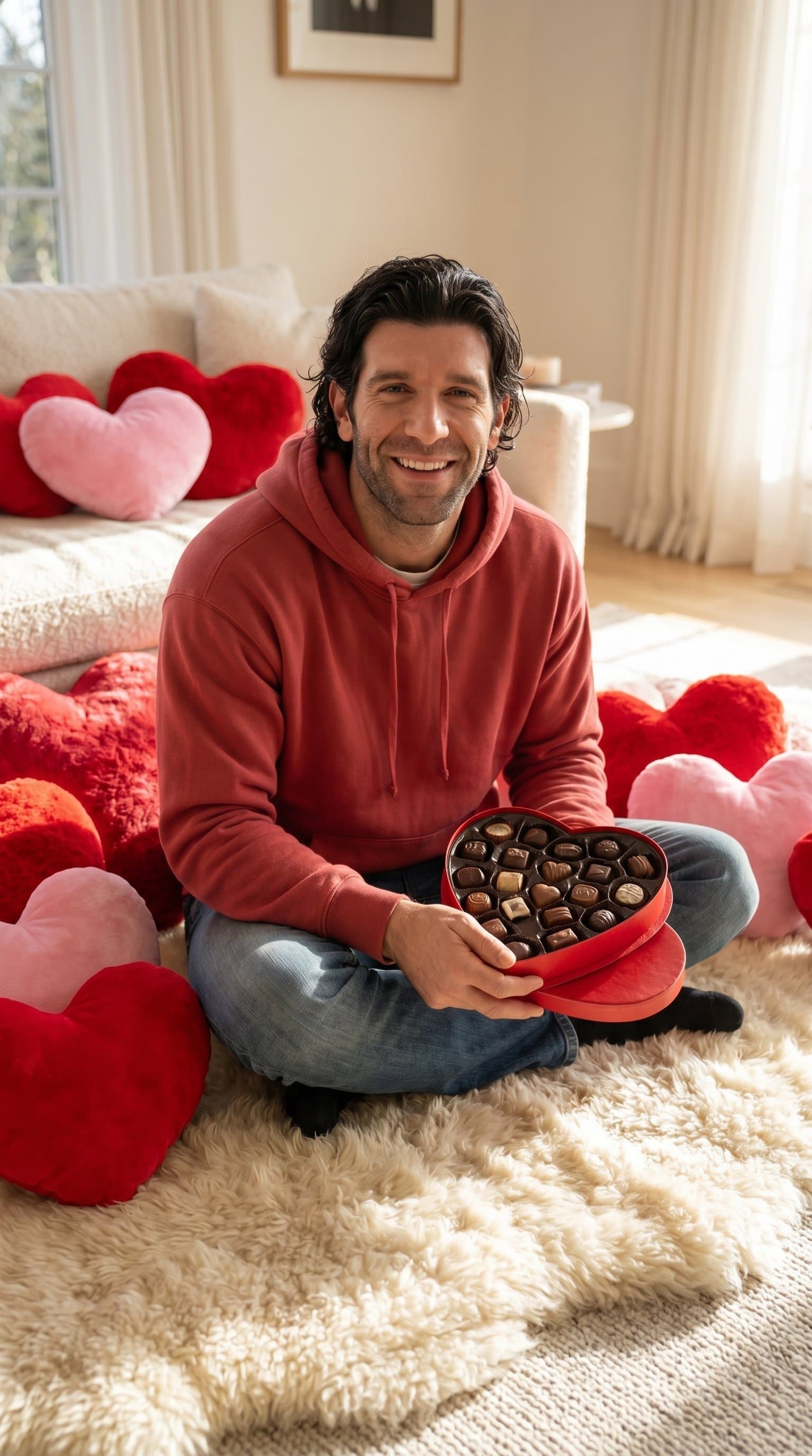 A man wearing a comfortable red hoodie, sitting on a plush rug surrounded by heart-shaped pillows, holding a box of chocolates and smiling warmly